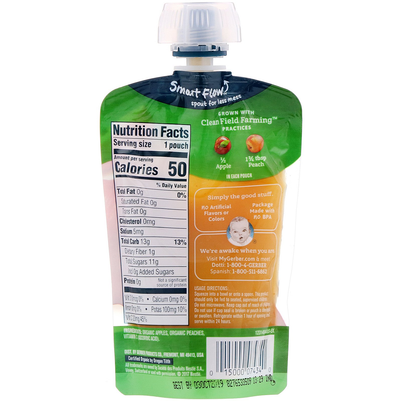 Comprar Gerber, Smart Flow, Organic Baby Food, Apples & Summer Peaches, 3.5 oz (99 g) - Imagem 2