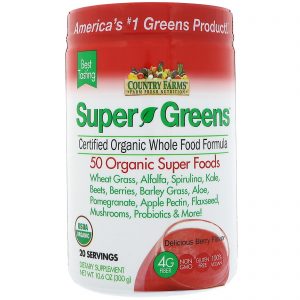 Comprar Country Farms, Super Verdes, Fórmula Certificadamente Orgânica de Alimentos Integrais, Sabor Delicioso de Frutas, 10,6 oz (300 g)