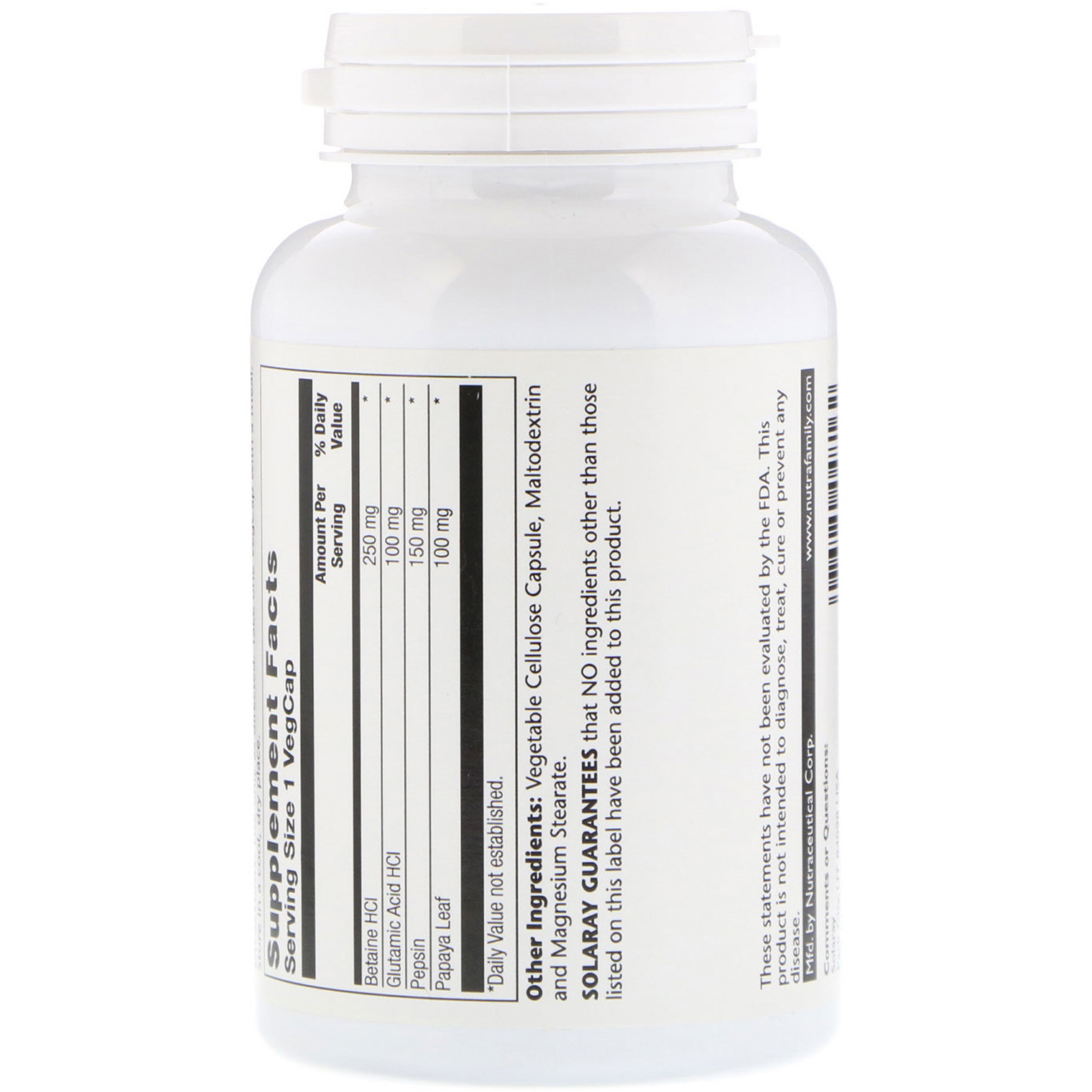 Comprar Solaray, HCL with Pepsin, 250 mg, 180 Capsules - Imagem 2