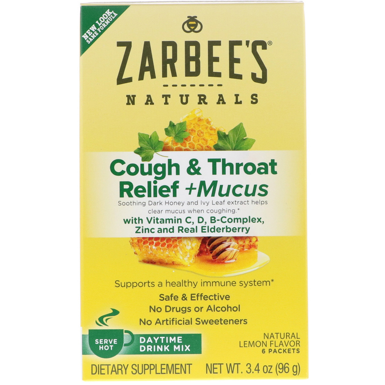 Comprar Zarbee's, Alívio para Tosse e Garganta + Muco, Mistura para Bebida Diurna, Sabor Natural de Limão, 6 Sachês, 96 g (3,4 oz)