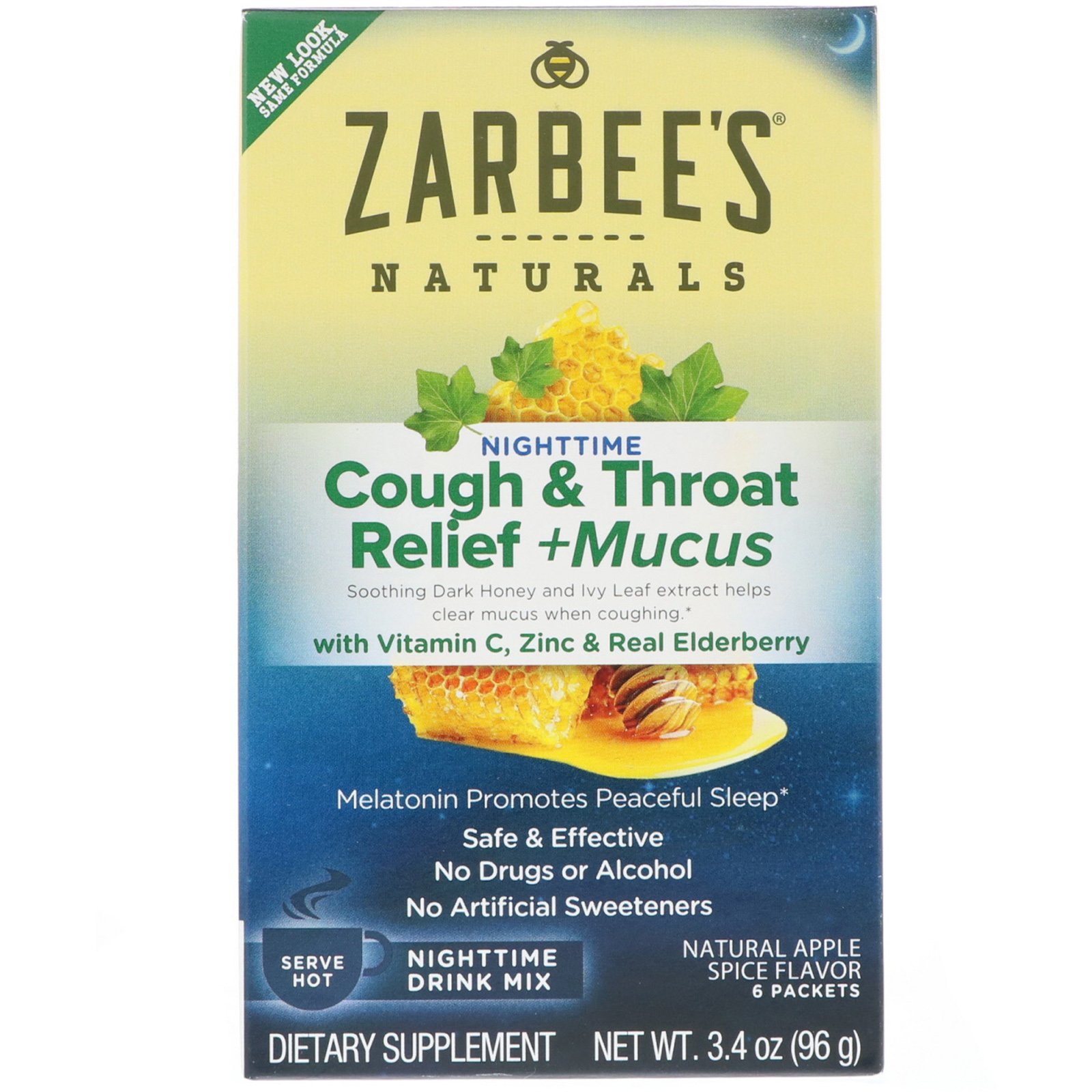 Comprar Zarbee's, Alívio para Tosse e Garganta + Muco, Mistura para Bebida Noturna, Sabor Natural de Maçã com Especiarias, 6 Sachês, 96 g (3,4 oz)