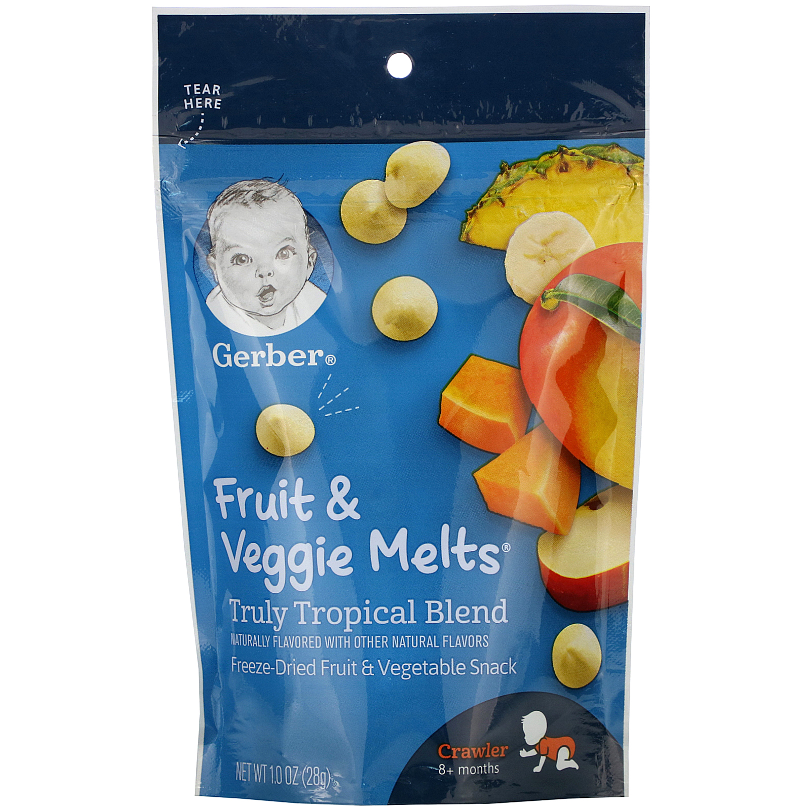 Comprar Gerber, Graduates, Fruit & Veggie Melts, Truly Tropical Blend, Crawler 8+ Months, 1.0 oz (28 g)