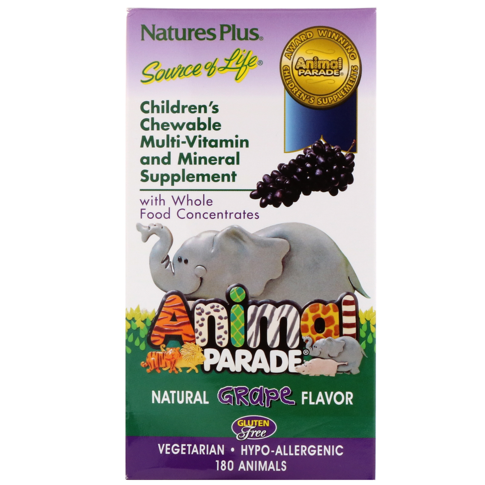 Comprar Nature's Plus, Suplemento multivitamínico e mineral mastigável para crianças, Sabor natural de uva, 180 bichinhos