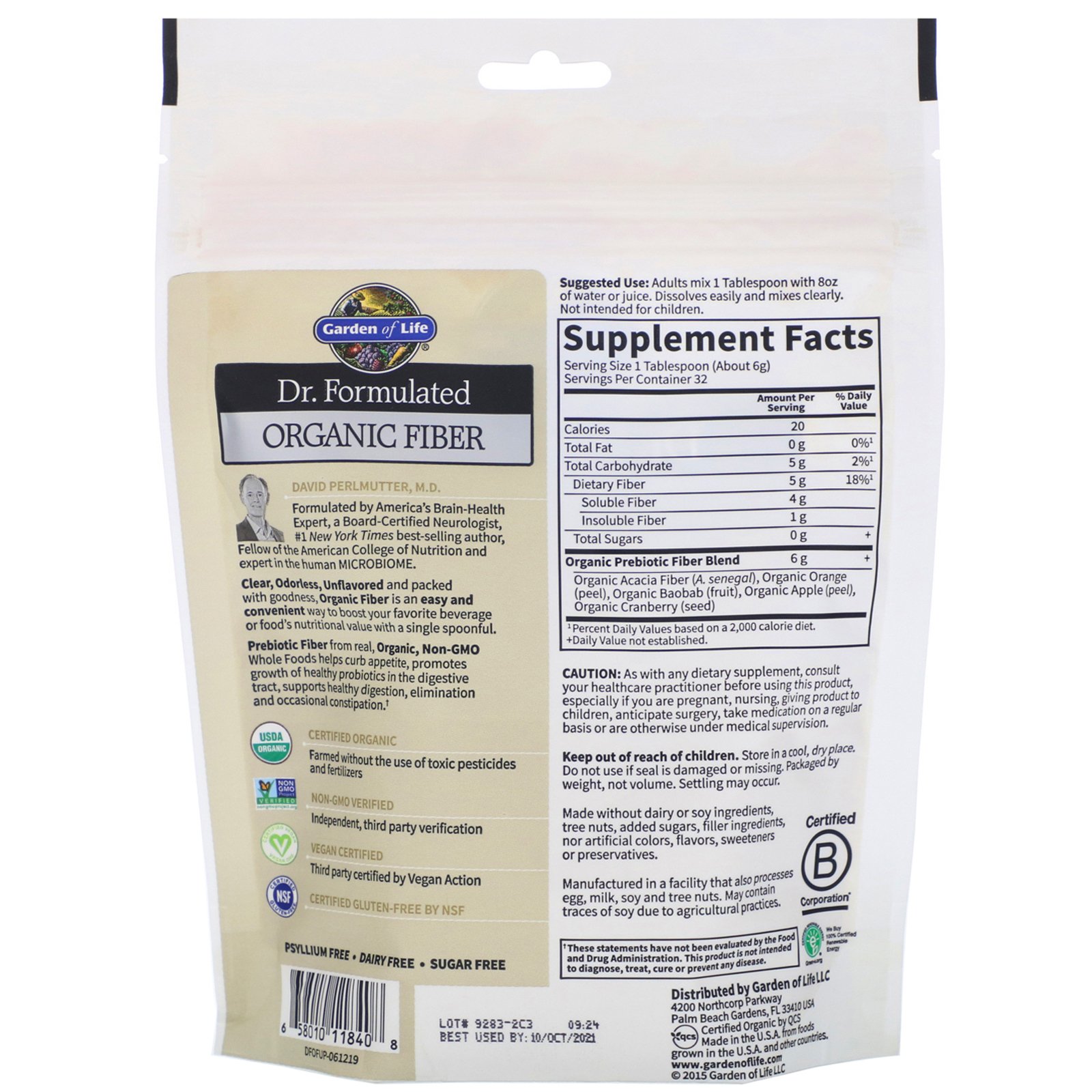 Comprar Garden of Life, Dr. Formulated, Organic Fiber, Clear, Unflavored, 6.8 oz (192 g) - Imagem 2