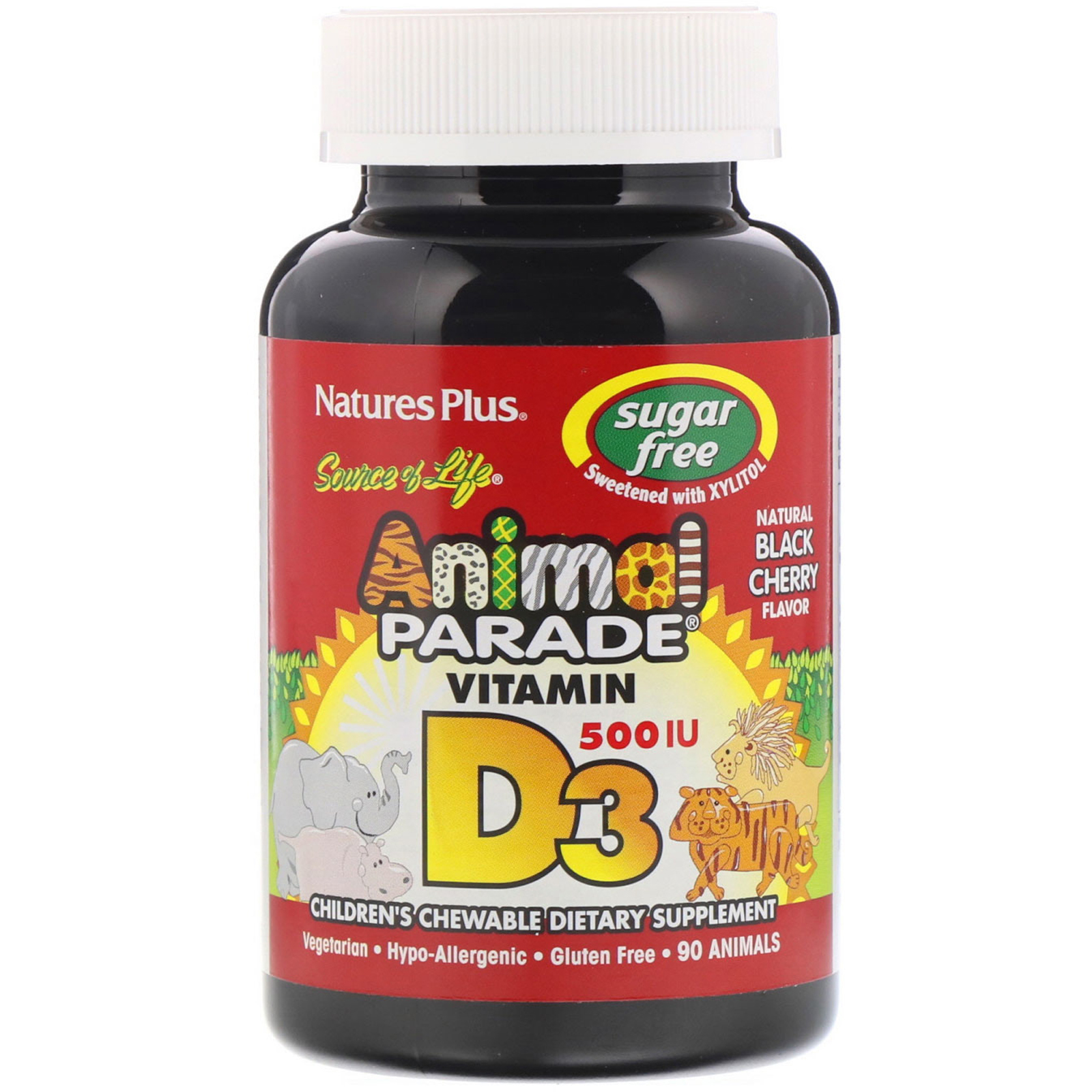 Comprar Nature's Plus, Source of Life, Animal Parade, Vitamina D3, Sem Açúcar, Sabor Natural de Cereja Preta, 500 UI, 90 Comprimidos em Forma de Animal