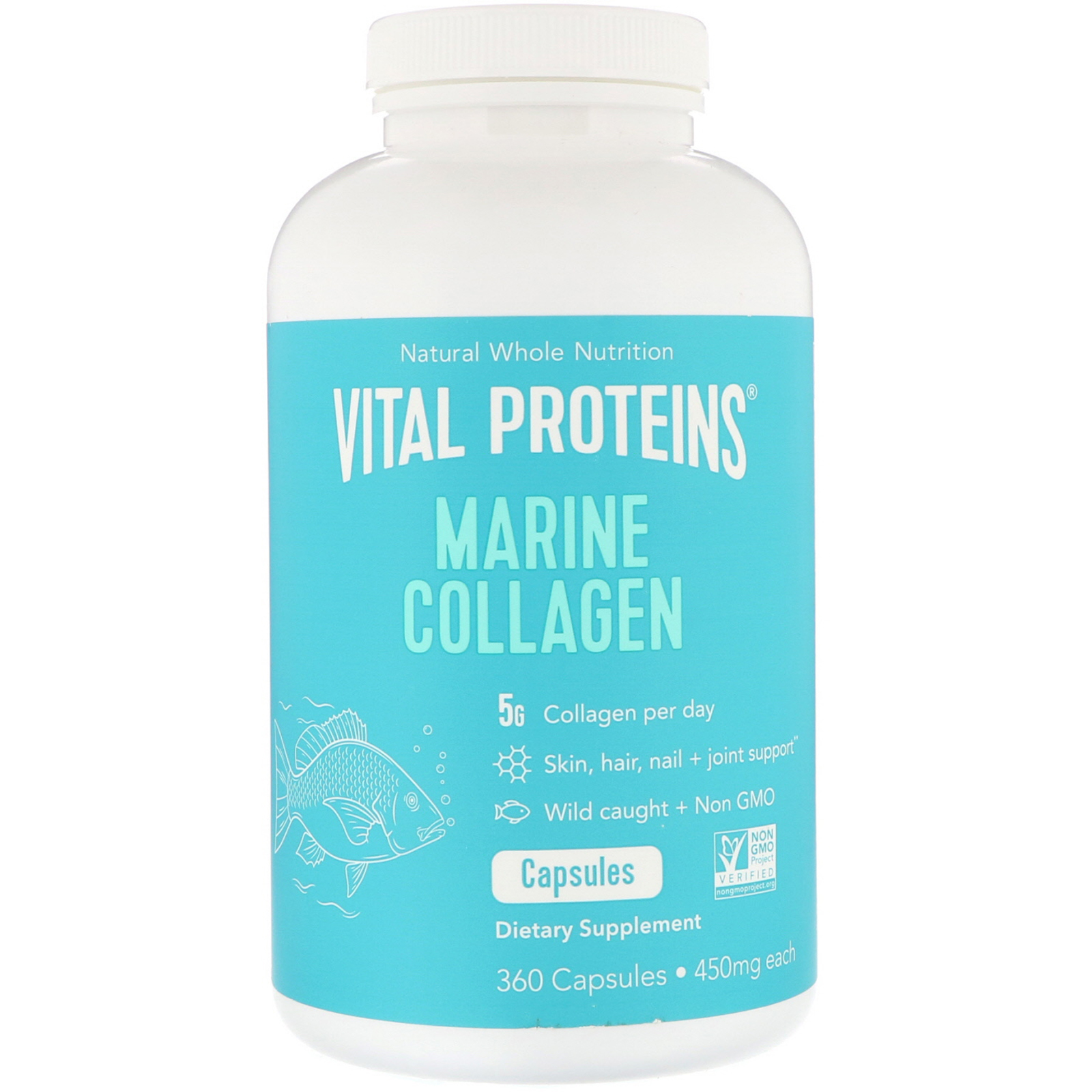 Comprar Vital Proteins, Colágeno Marinho, Capturado de Peixes Selvagens, 450 mg, 360 Cápsulas