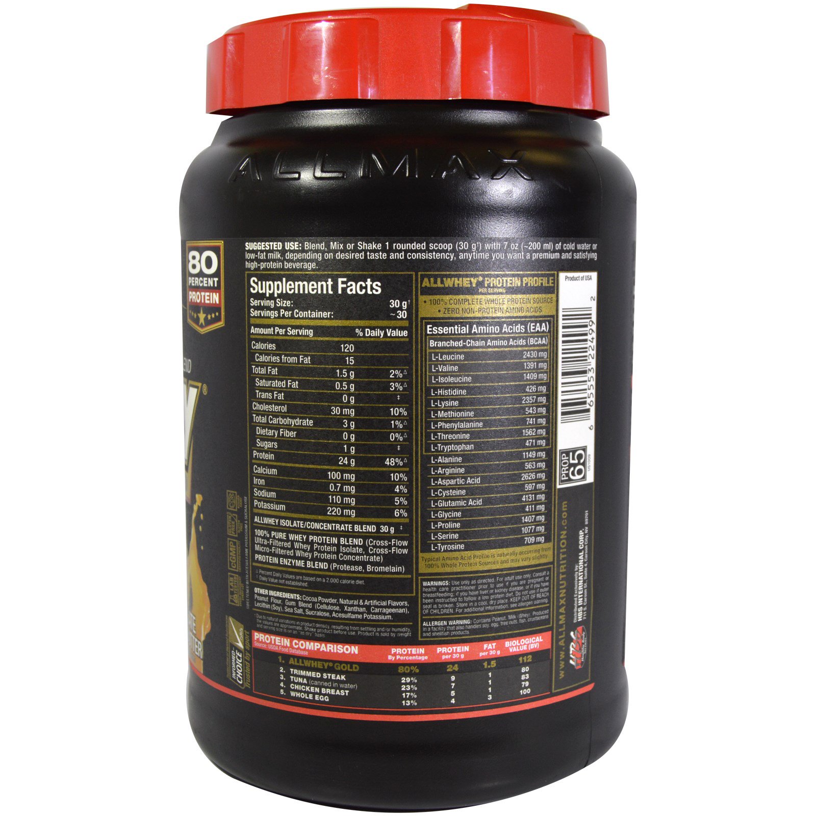 Comprar ALLMAX Nutrition, AllWhey Gold, 100% Proteína Whey + Isolado de Proteína Whey Premium, Manteiga de Amendoim e Chocolate, 907 g (2 lb) - Imagem 2