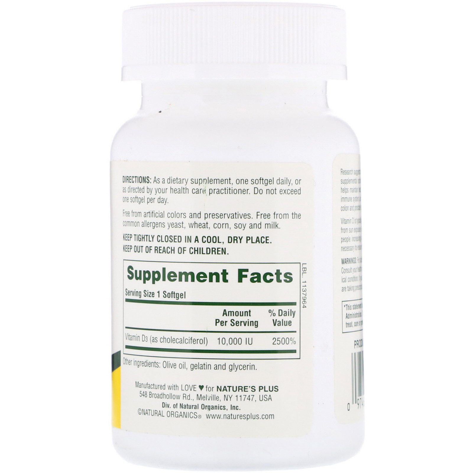 Comprar Nature's Plus, Potência Máxima, Vit D3, 10.000 IU, 60 Softgéis - Imagem 2