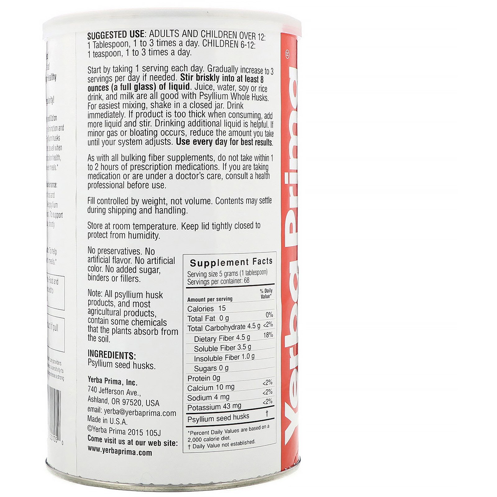 Comprar Yerba Prima, Cascas de Psyllium Inteiras, Limpador de Cólon, 340 g (12 oz) - Imagem 2