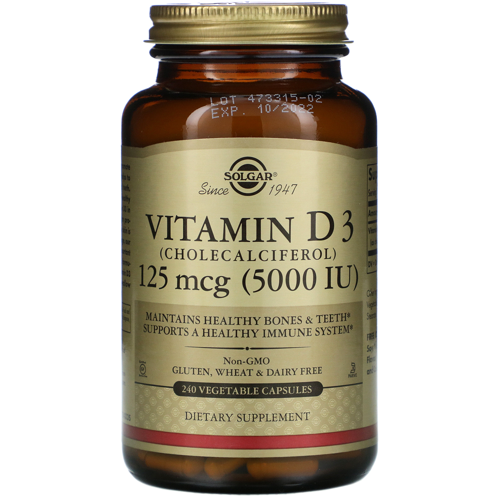 Comprar Solgar, Vitamina D3 (Colecalciferol), 5.000 UI, 240 Cápsulas Vegetais