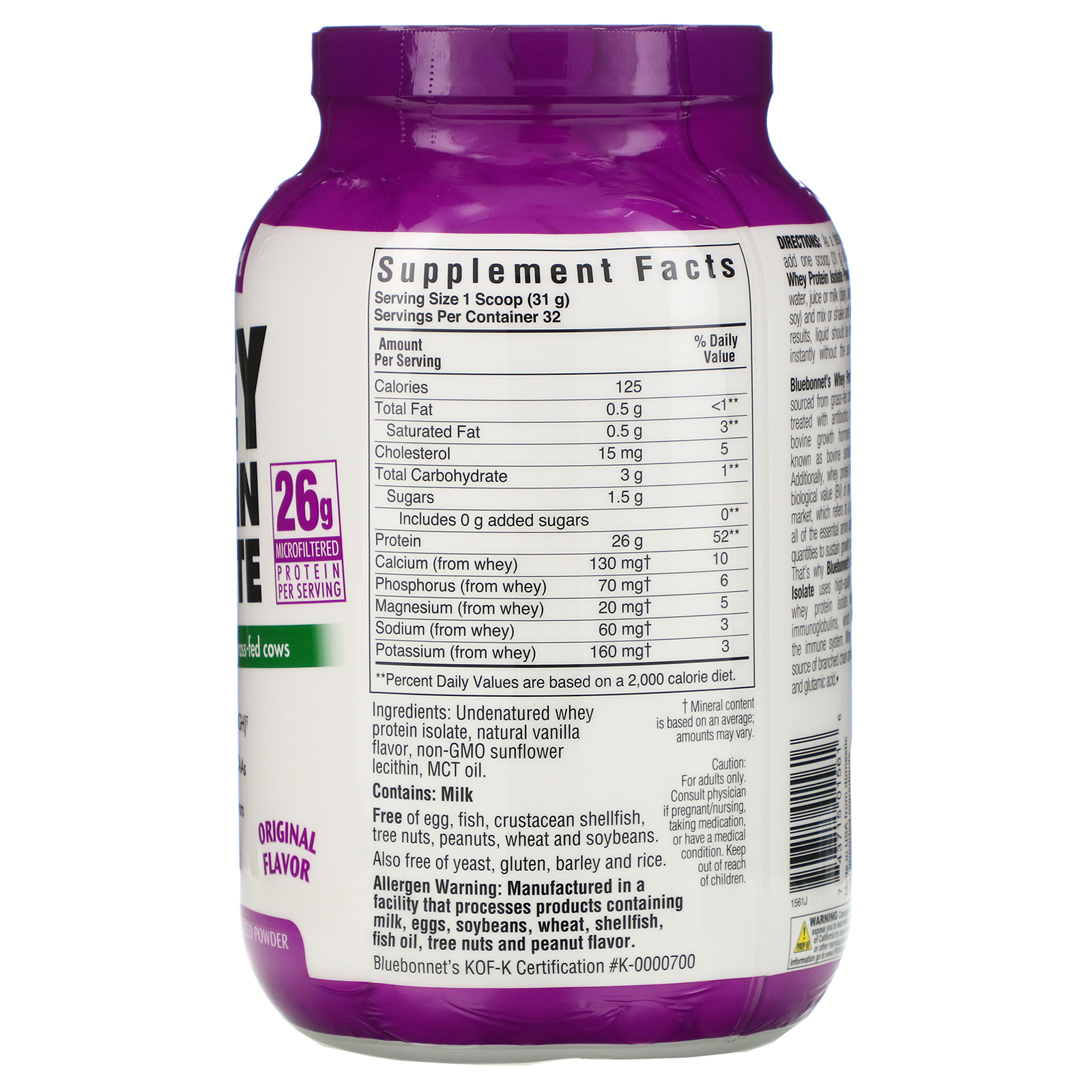 Comprar Bluebonnet Nutrition, Isolado Proteico de Soro Natural 100%, Sabor Original Natural, 992 g (2,2 lb) - Imagem 2