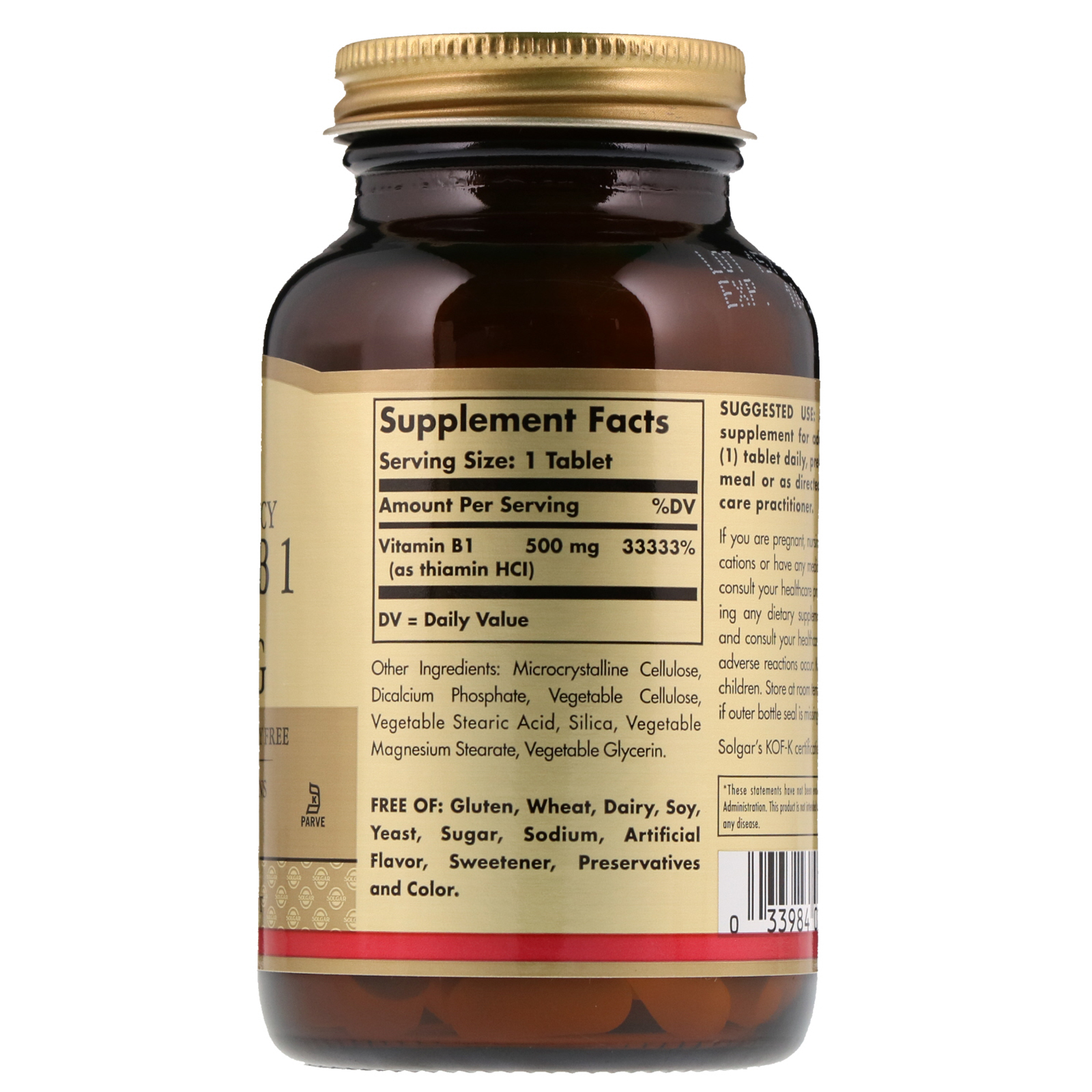 Comprar Solgar, Vitamina B1 (Tiamina), 500 mg, 100 Comprimidos - Imagem 2