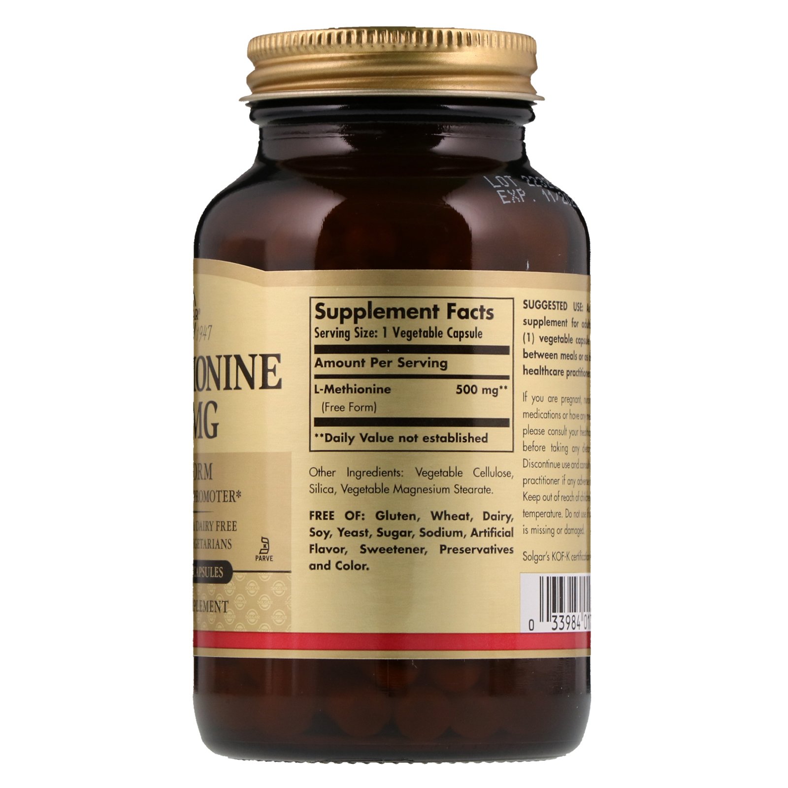 Comprar Solgar, L-metionina, 500 mg, 90 Cápsulas Vegetais - Imagem 2