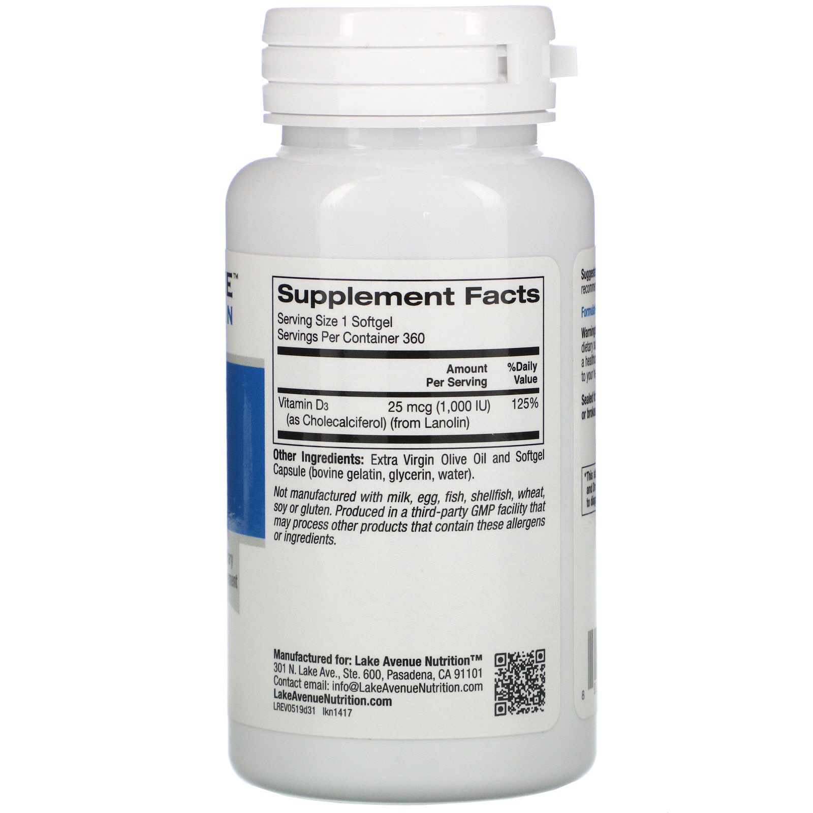 Comprar Lake Avenue Nutrition, Vitamina D3, 1.000 UI, 360 Cápsulas Gelatinosas - Imagem 2
