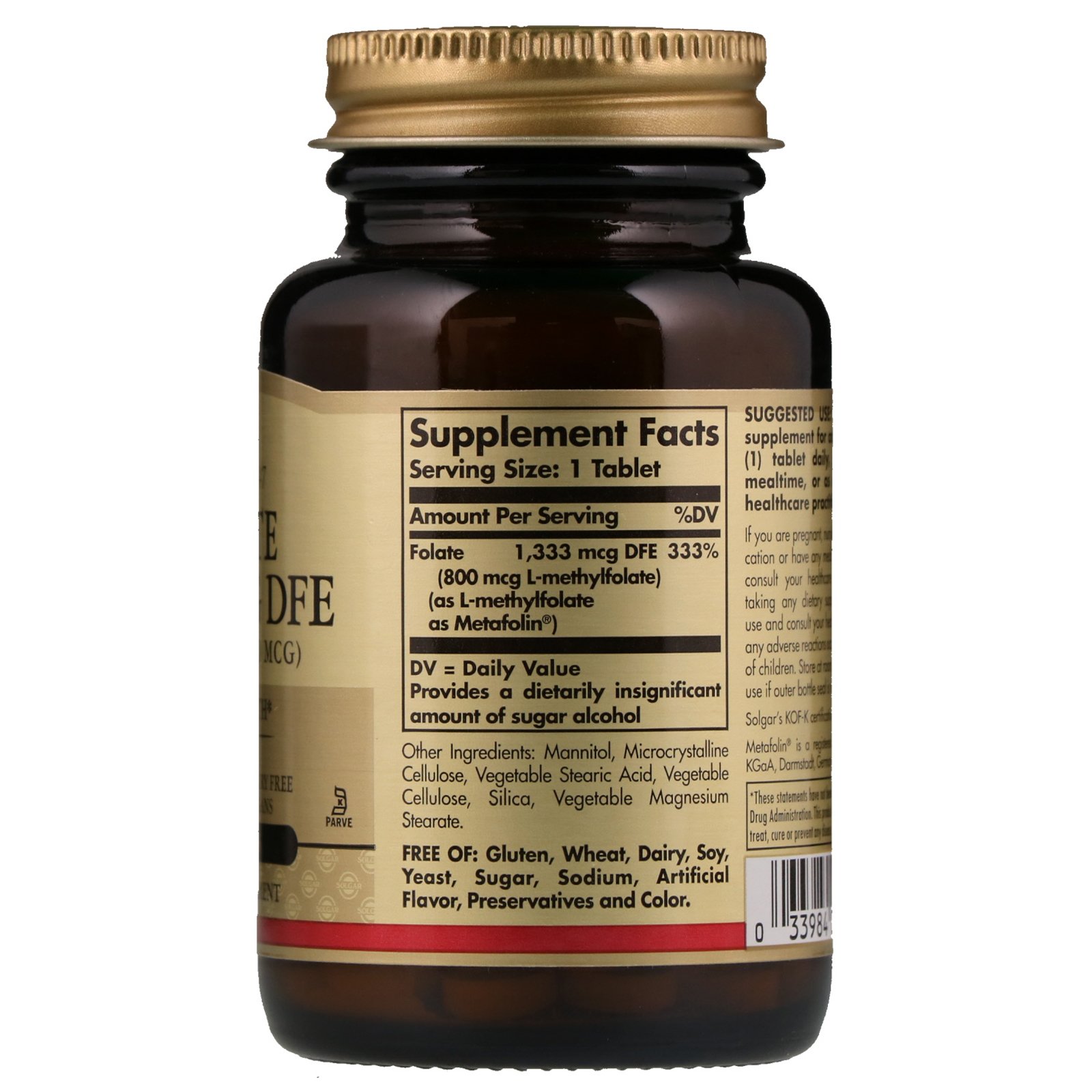 Comprar Solgar, Folato como Metafolina, 800 mcg, 100 Comprimidos - Imagem 2