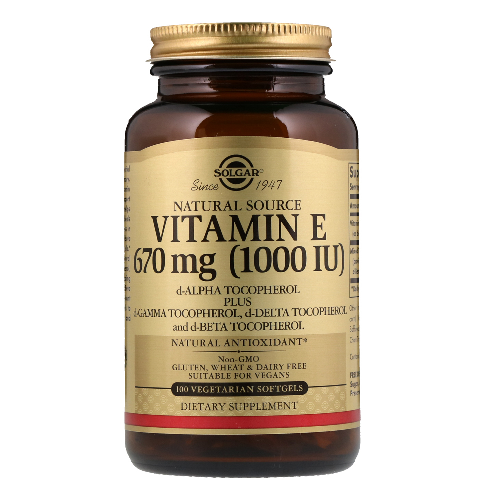 Comprar Solgar, Naturally Sourced Vitamin E, 670 mcg (1,000 IU), 100 Vegetarian Softgels