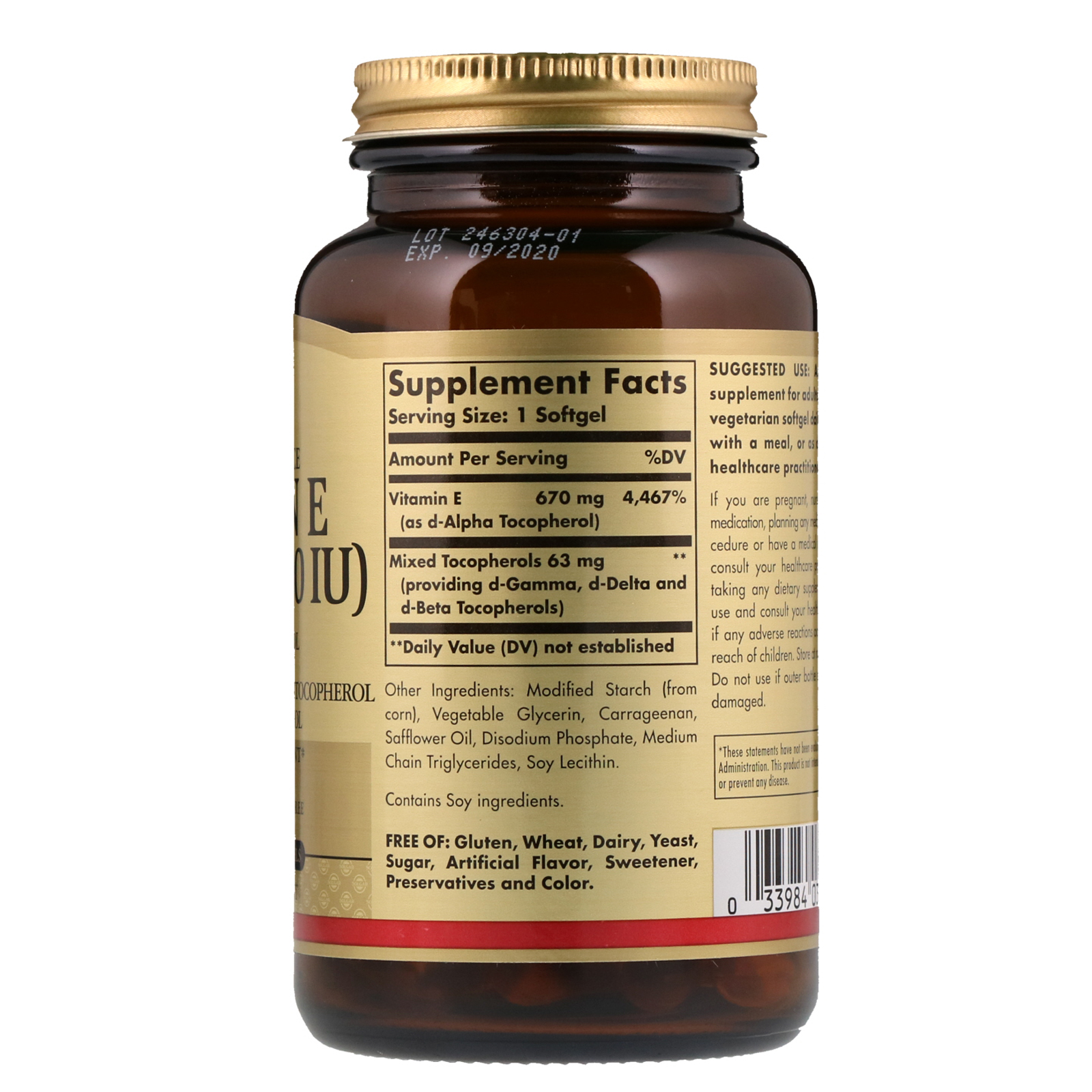 Comprar Solgar, Naturally Sourced Vitamin E, 670 mcg (1,000 IU), 100 Vegetarian Softgels - Imagem 2