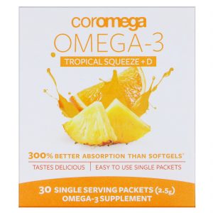Comprar Coromega, Sachê de Ômega 3 + Vitamina D, Laranja Tropical, 30 Pacotes de Porção Individual, 2,5 g Cada