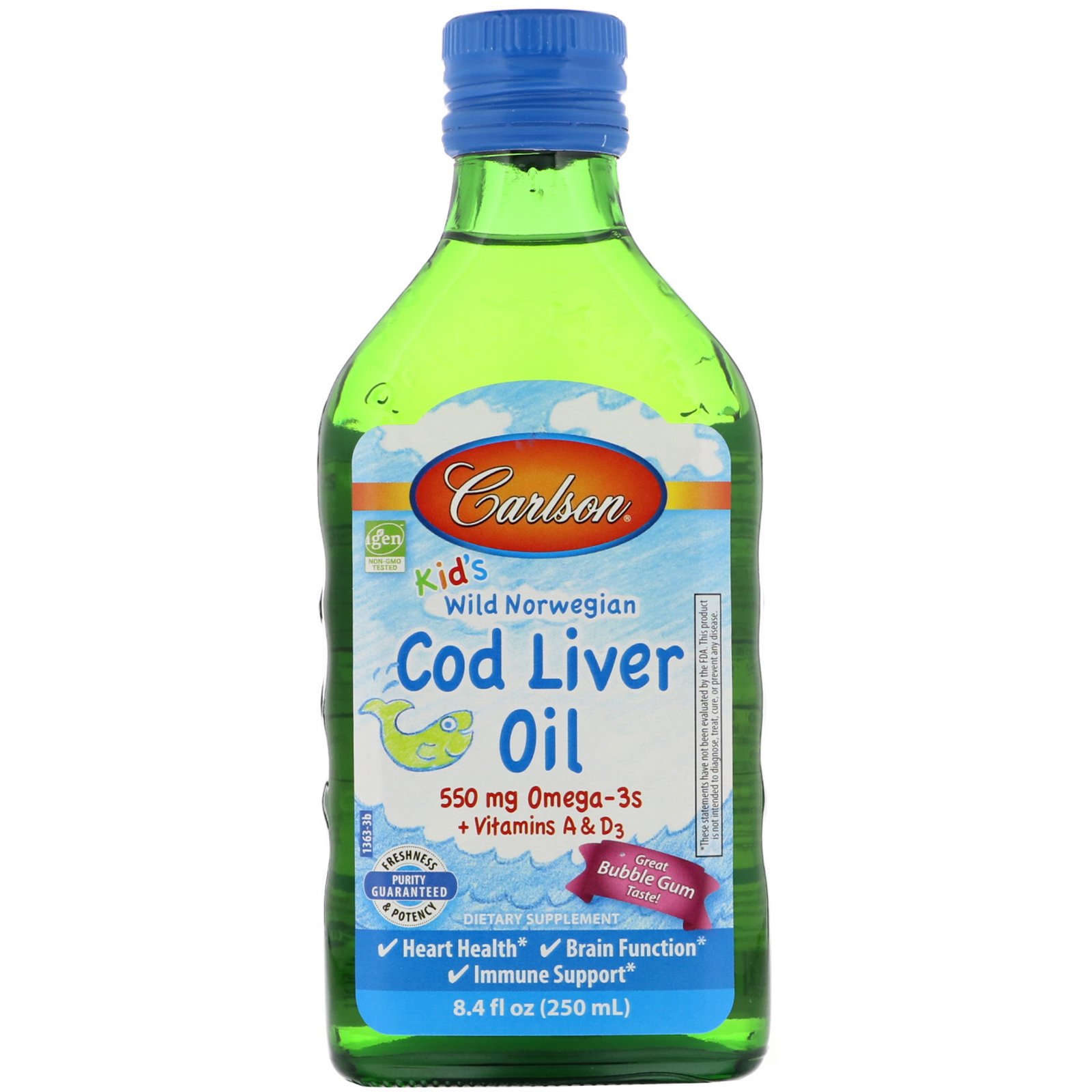 Comprar Carlson Labs, Kid's Wild Norwegian, Cod Liver Oil, Bubble Gum Flavor, 8.4 fl oz (250 ml)