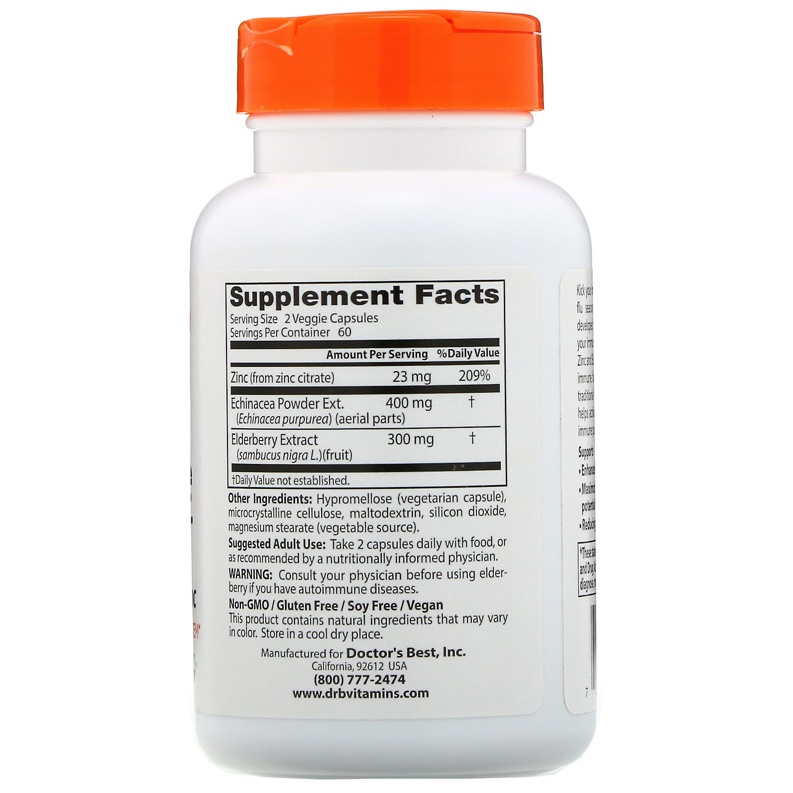 Comprar Doctor's Best, Reforço Imunológico com Equinácea, Sabugueiro e Zinco, 120 Cápsulas Vegetais - Imagem 2