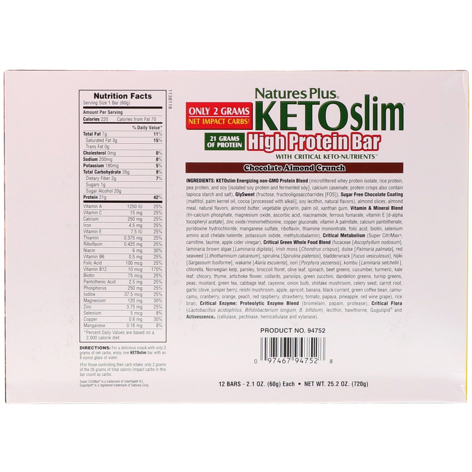 Comprar Nature's Plus, KETOslim, High Protein Bar, Chocolate Almond Crunch, 12 Bars, 2.1 oz (60 g) Each - Imagem 3