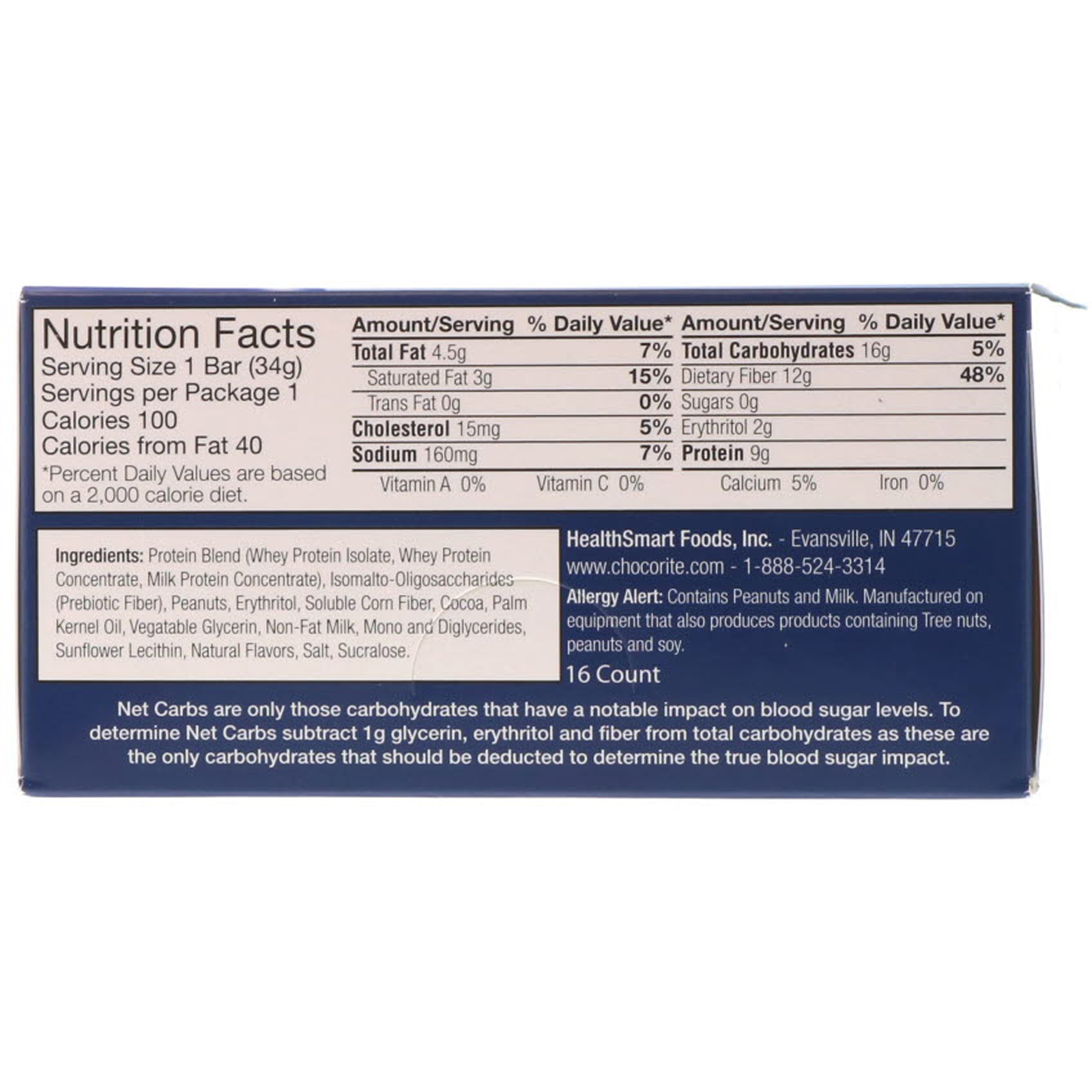 Comprar HealthSmart Foods, ChocoRite Protein Bar, Peanut Butter, 16 Bars, 1.2 oz (34 g) Each - Imagem 3