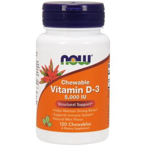 Comprar Now Foods, Chewable Vitamin D-3, Sabor Natural de Menta, 5.000 UI, 120 Comprimidos Mastigáveis