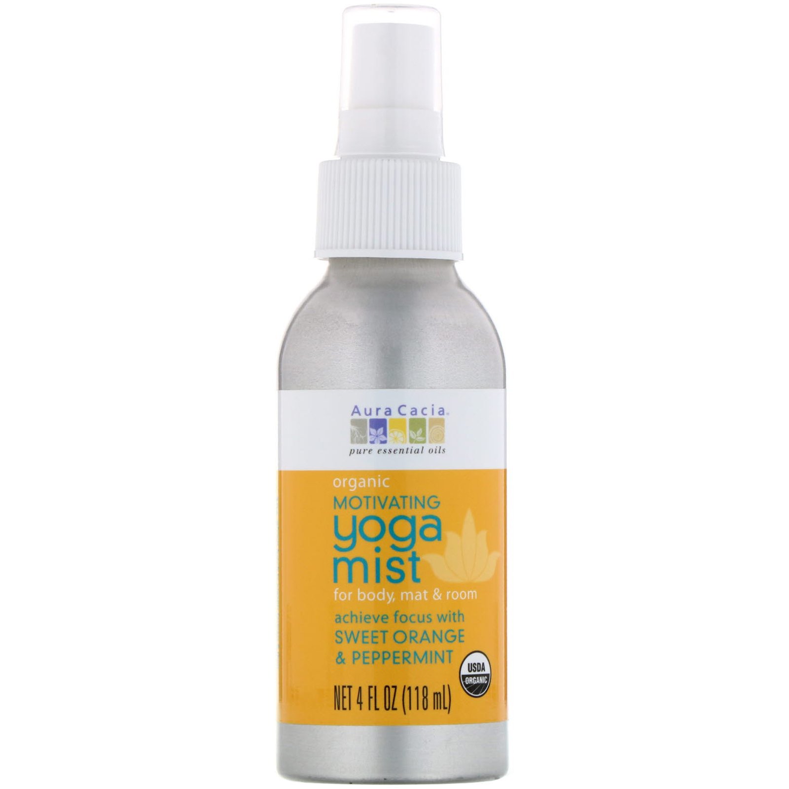Comprar Aura Cacia, Orgânico, Yoga Mist, Motivação, Laranja Doce e Menta, 4 fl oz (118 ml)