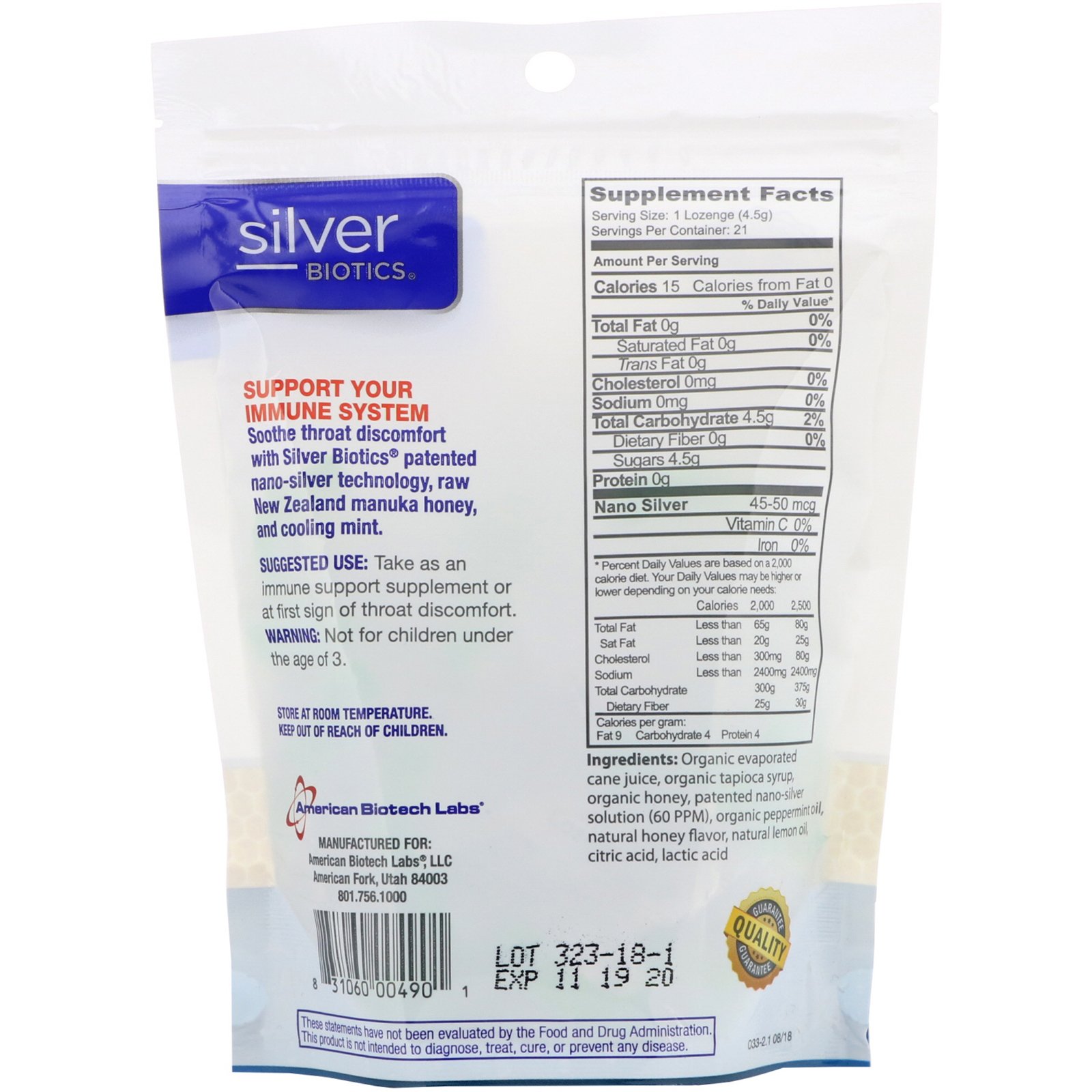 Comprar American Biotech Labs, Silver Biotics, Pastilhas de Prata, 60 PPM de SilverSol, Poderosa Manuka com Menta, 21 pastilhas - Imagem 2
