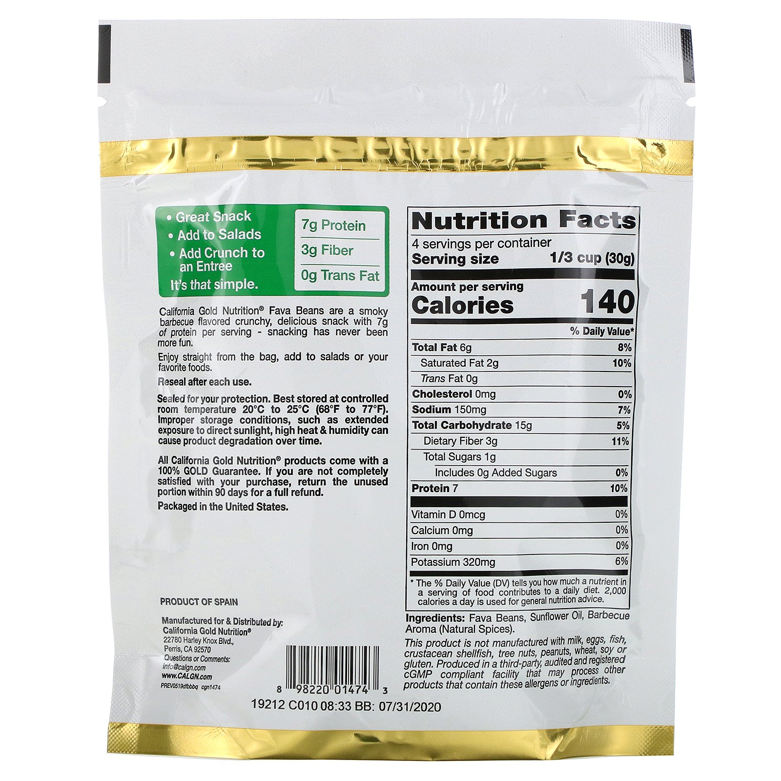 Comprar California Gold Nutrition, Alimentos, Feijão Fava, Fatias Assadas Prontas para Comer, Churrasco, 4,5 oz (127 g) - Imagem 2