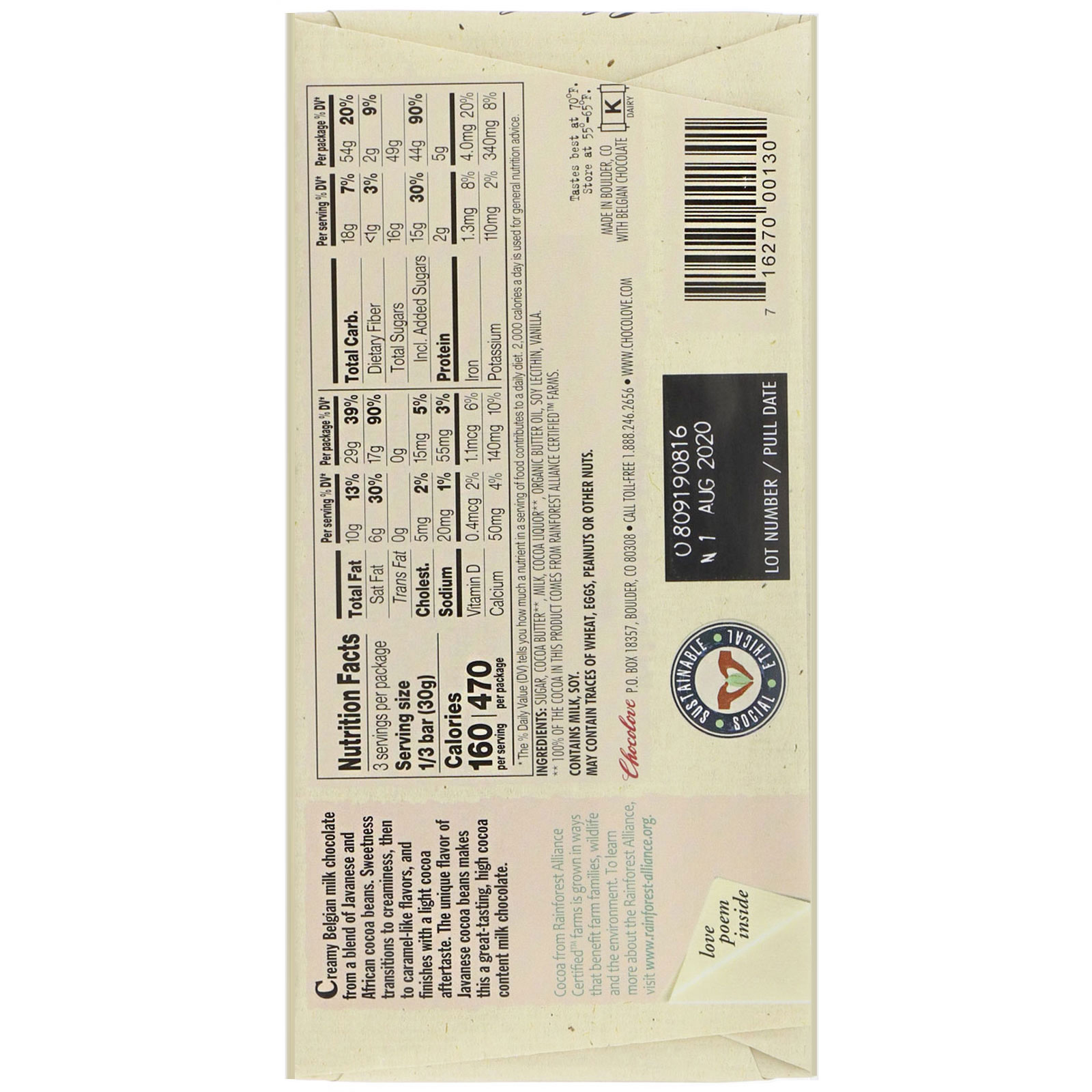 Comprar Chocolove, Milk Chocolate, 3% Cocoa, 3.2 oz (90 g) - Imagem 2