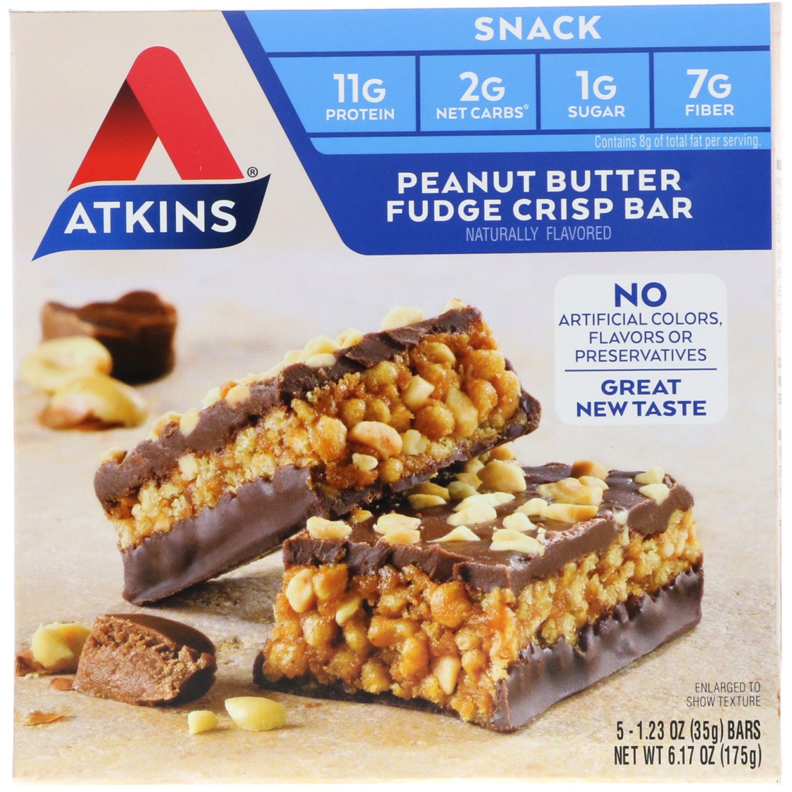 Comprar Atkins, Snack, Peanut Butter Fudge Crisp Bar, 5 Barrinhas, 35 g (1,2 oz) Cada