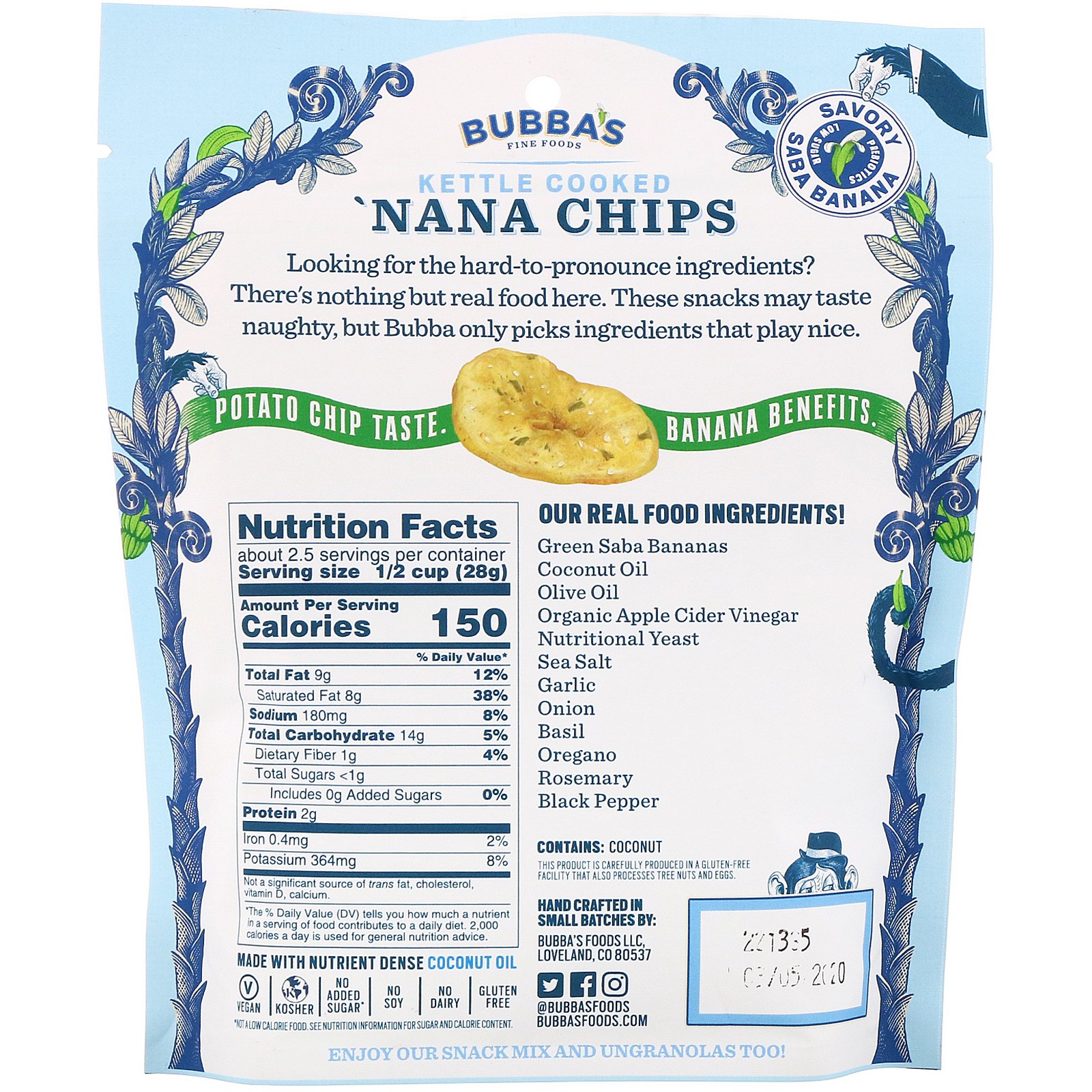 Comprar Bubba's Fine Foods, Chips de banana, delicioso sabor de alho e parmesão, 2,7 oz (77 g). - Imagem 2