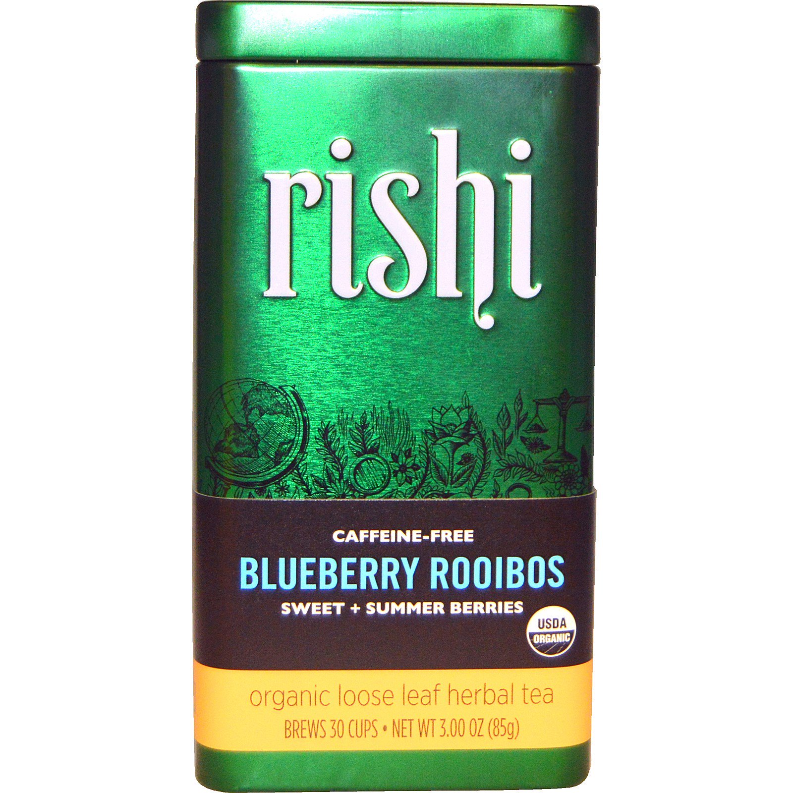 Comprar Rishi Tea, Folhas Soltas de Chá de Ervas Orgânico, Blueberry Rooibos, sem cafeína, 3.00 oz (85 g)