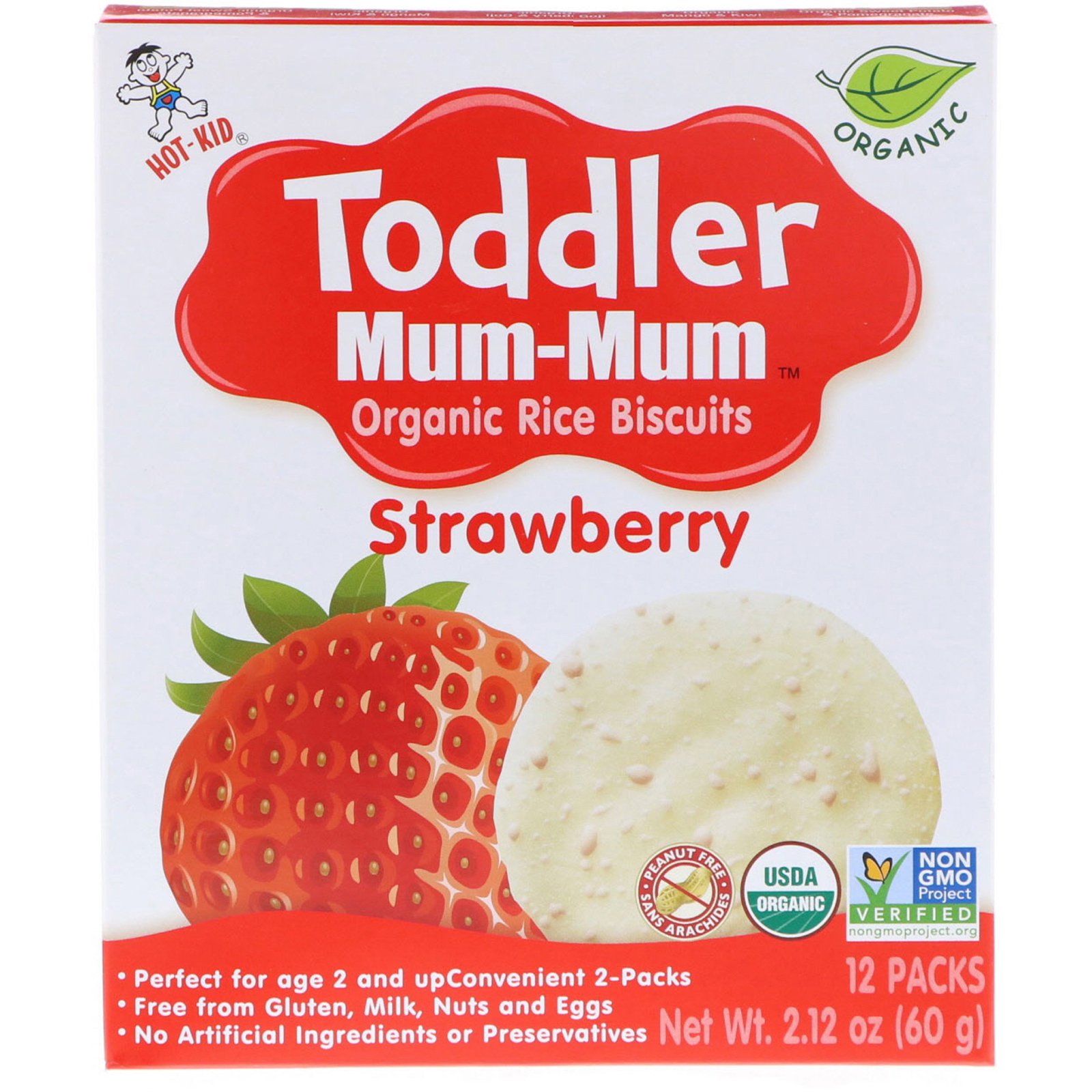 Comprar Hot Kid, Toddler Mum-Mum, Biscoitos de Arroz Orgânico, Morango, 12 Pacotes, 60 g (2,12 oz)