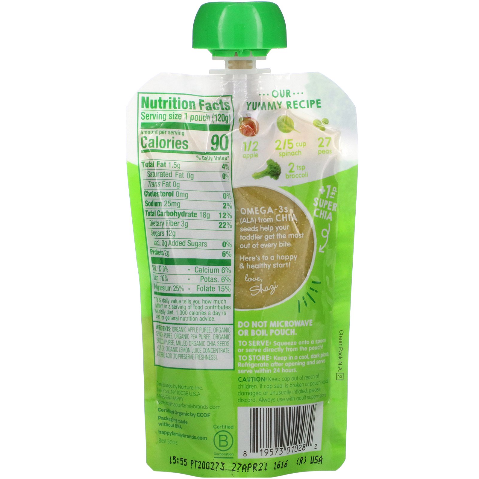 Comprar Happy Family Organics, Happytot, Superfoods, Stage 4. Organic Apples, Spinach, Peas & Broccoli + Super Chia, 4.22 oz (120 g) - Imagem 2