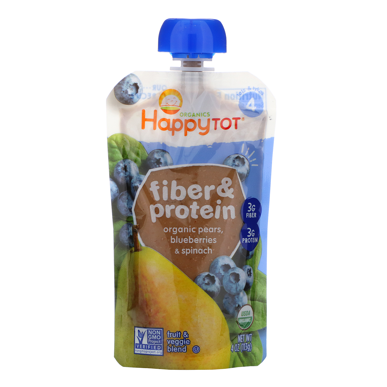 Comprar Happy Family Organics, Happytot, Fiber & Protein, Organic Pears, Blueberries & Spinach, 4 oz (113 g)