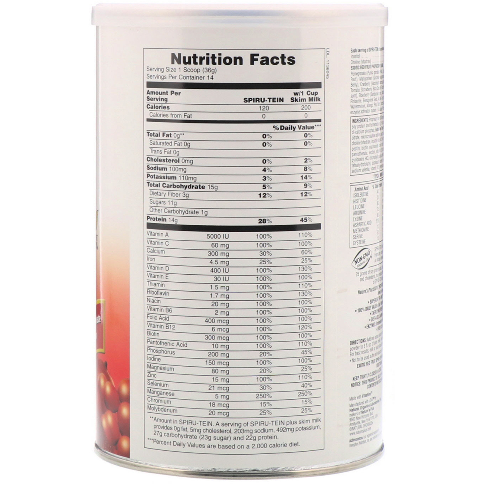 Comprar Nature's Plus, Spiru-Tein, Alimento Energético com Alto Teor Proteico, Frutas Vermelhas Exóticas, 504 g (1,1 lbs) - Imagem 2