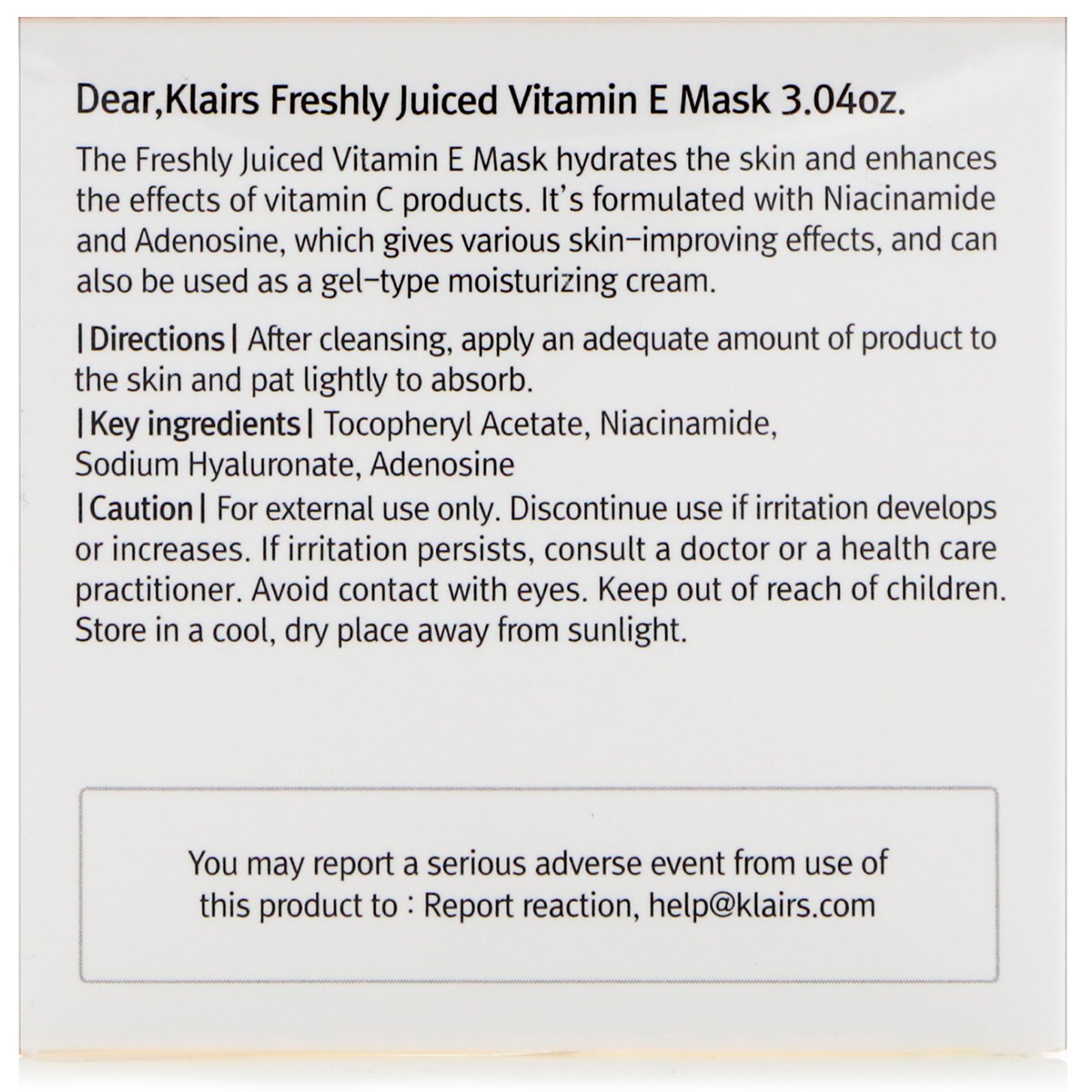 Comprar Dear, Klairs, Máscara de Vitamina E Freshly Juiced, 90 ml (3,4 oz) - Imagem 3