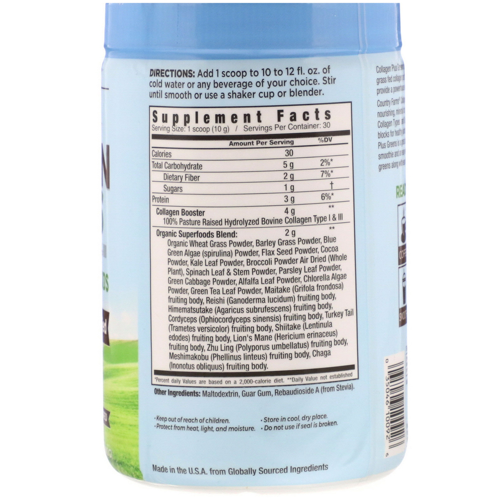 Comprar Country Farms, Collagen + Greens, Sem Sabor, 300 g (10,6 oz) - Imagem 2
