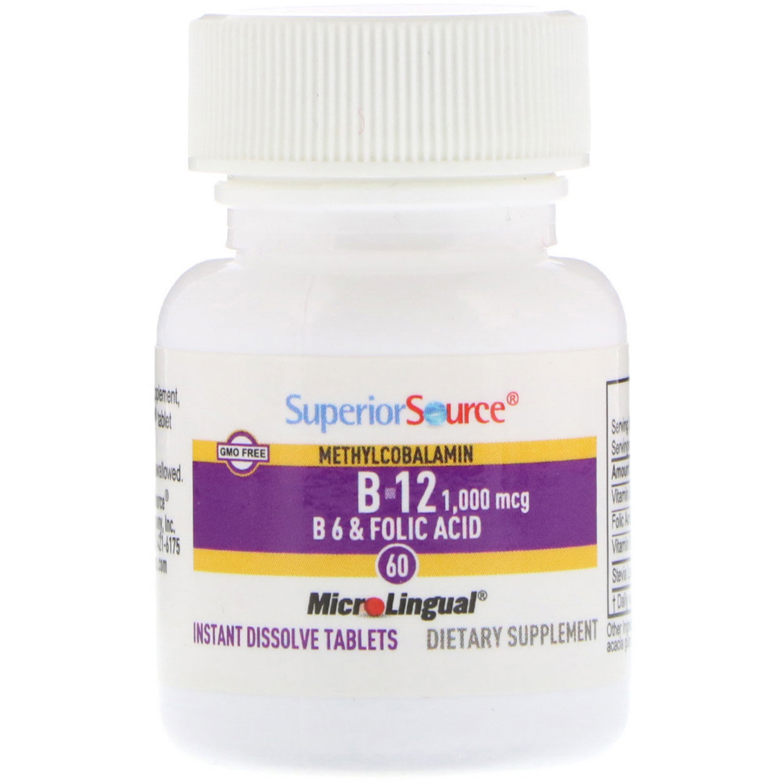 Comprar Superior Source, Methylcobalamin B-12, B-6 & Folic Acid, 1,000 mg/800 mg, 60 Tablets - Imagem 3