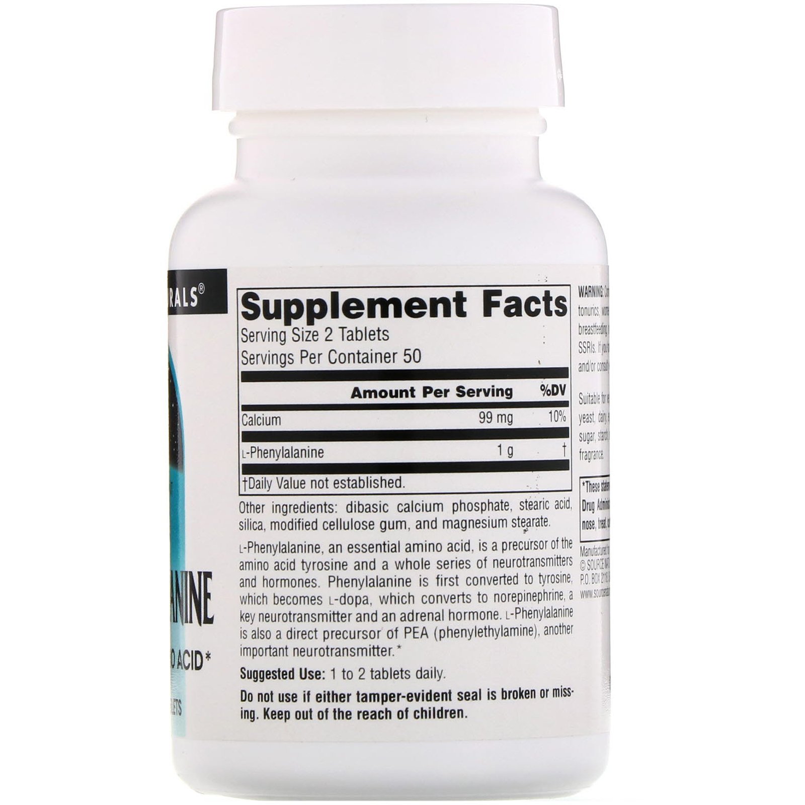 Comprar Source Naturals, L-Fenilalanina, 500 mg, 100 Comprimidos - Imagem 2