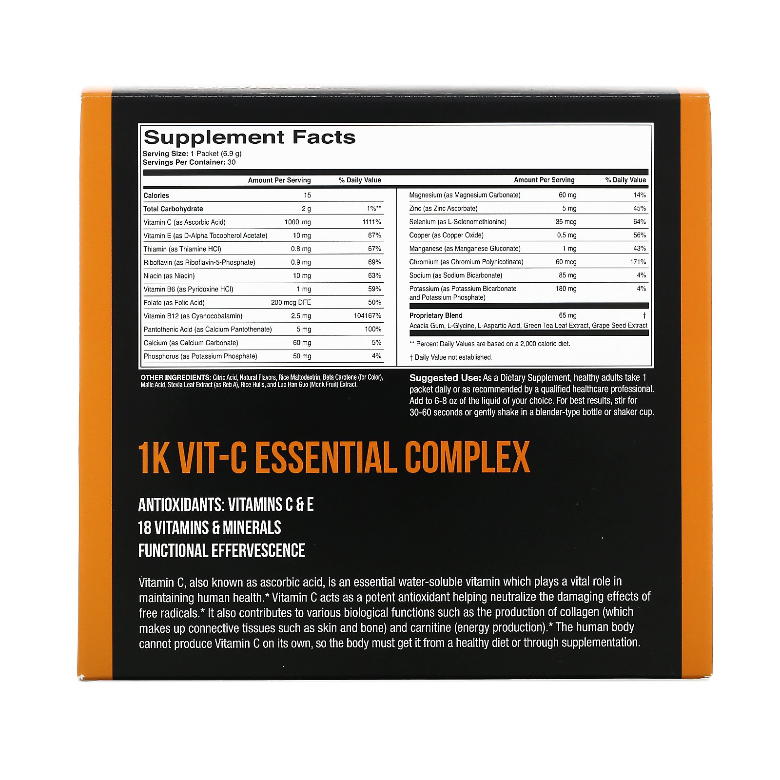 Comprar 1Kvit-C, Vitamina C, Essential, Mistura Efervescente, Sabor Natural de Laranja, 1.000 mg, 30 Envelopes, 6,90 g (0,24 oz) Cada - Imagem 2