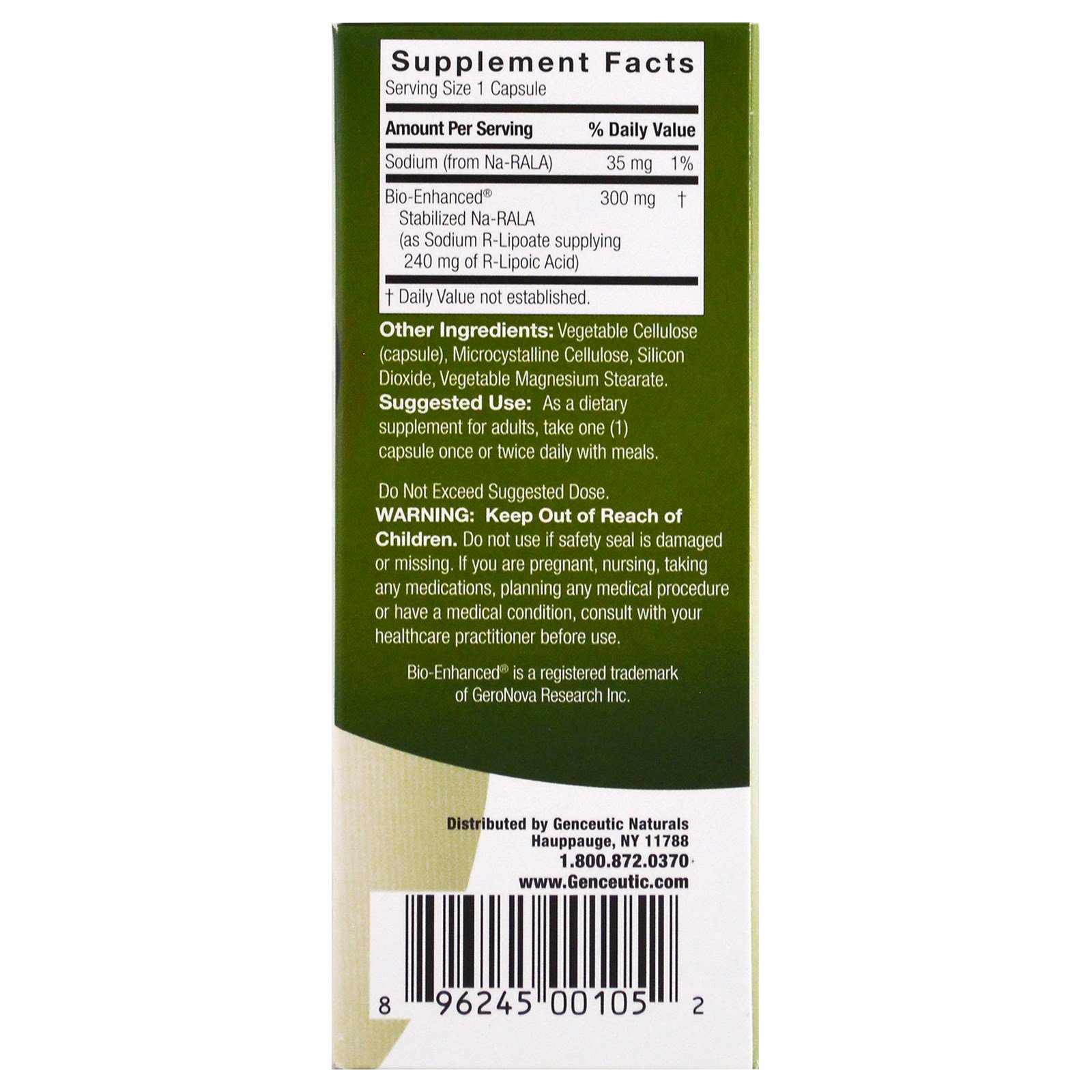 Comprar Genceutic Naturals, Ácido R-lipoico +, 300 mg, 60 Cápsulas Vegetais - Imagem 2