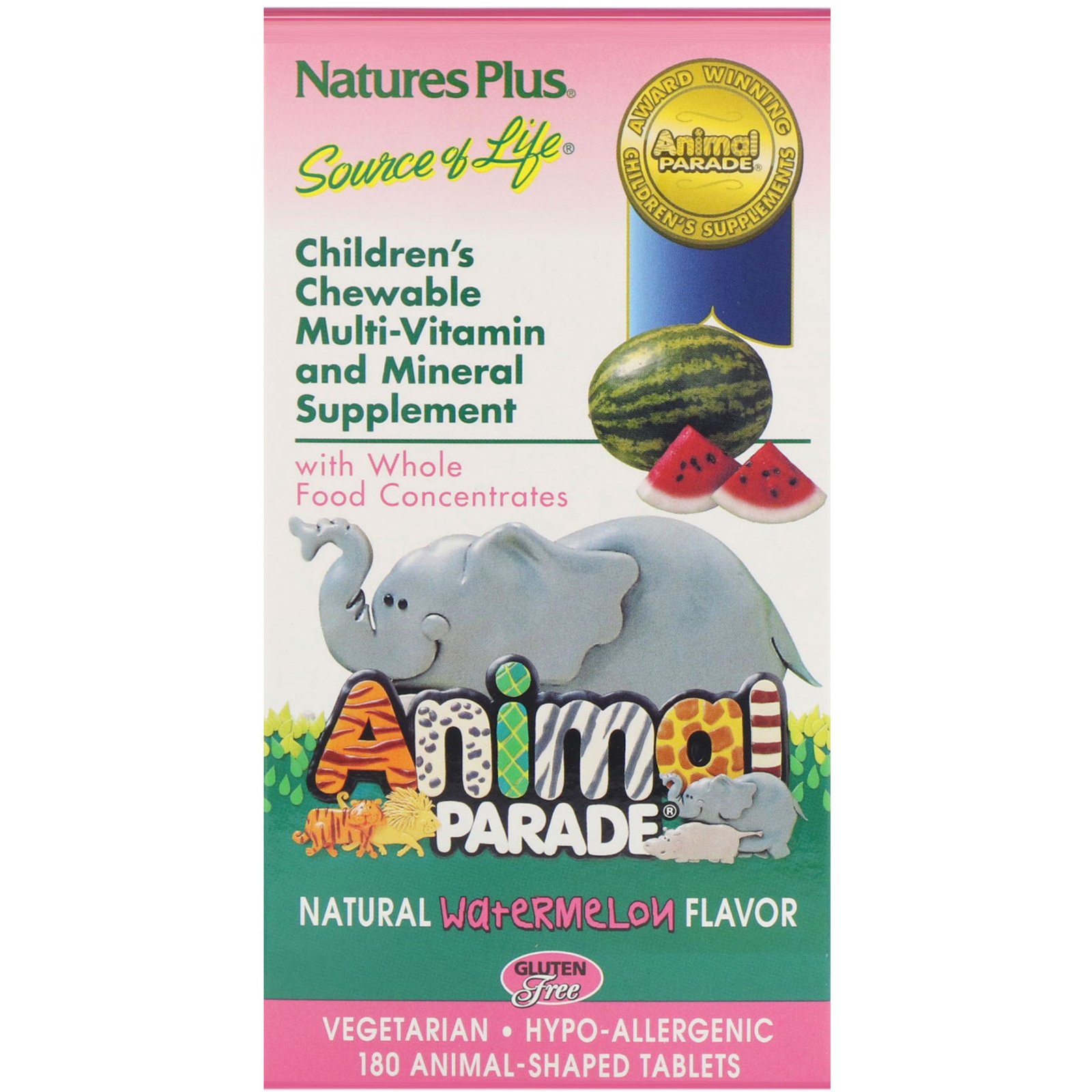 Comprar Nature's Plus, Source of Life, Animal Parade, Children's Chewable Multi-Vitamin and Mineral Supplement, Natural Watermelon Flavor, 180 Animal-Shaped Tablets