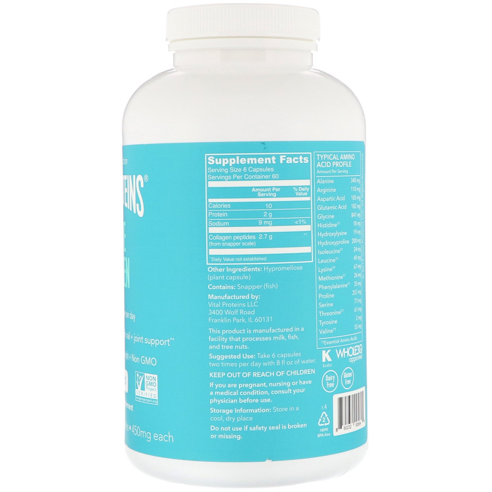 Comprar Vital Proteins, Colágeno Marinho, Capturado de Peixes Selvagens, 450 mg, 360 Cápsulas - Imagem 2