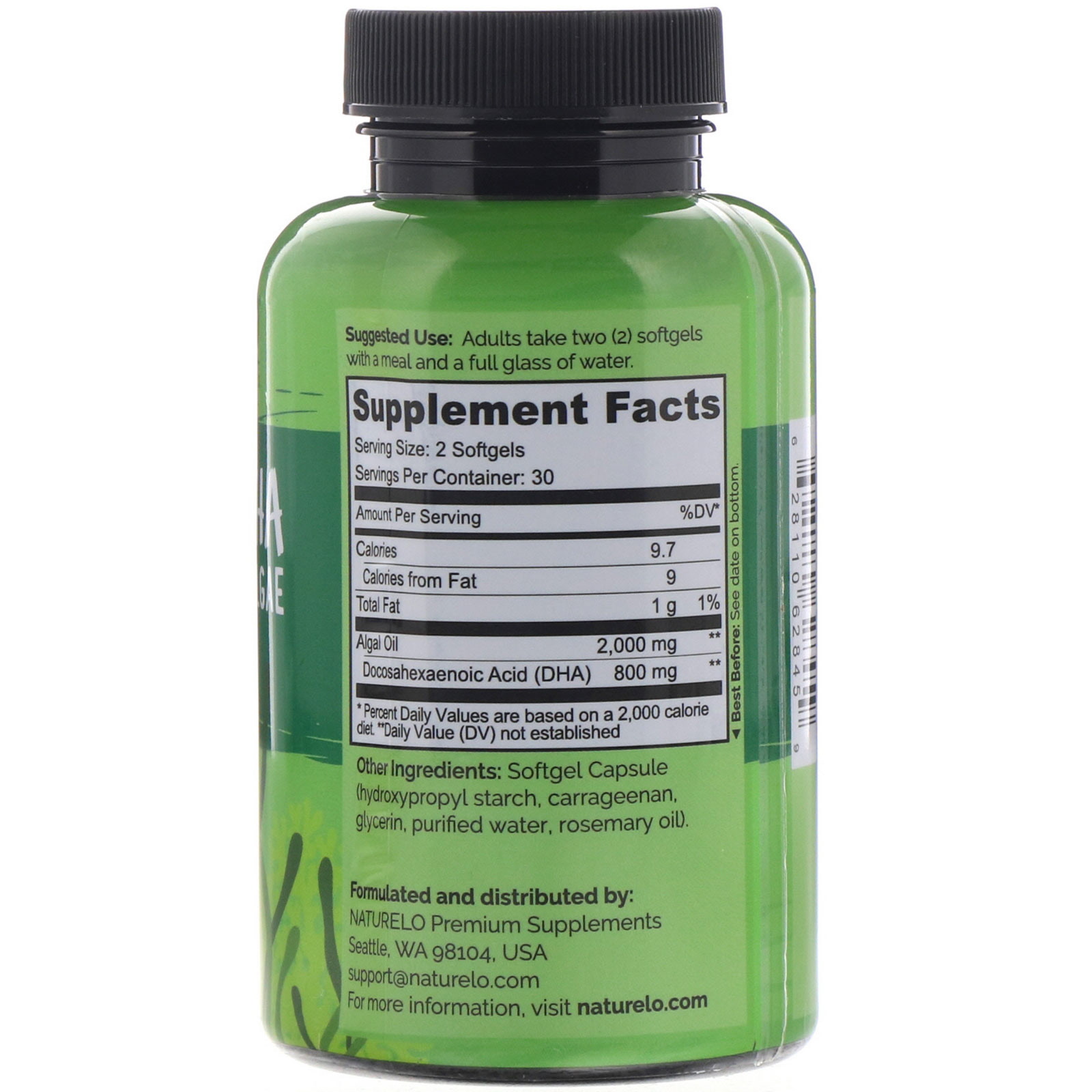 Comprar NATURELO, Vegan DHA, Ômega-3 de Algas, 800 mg, 60 Cápsulas Gelatinosas Veganas - Imagem 2