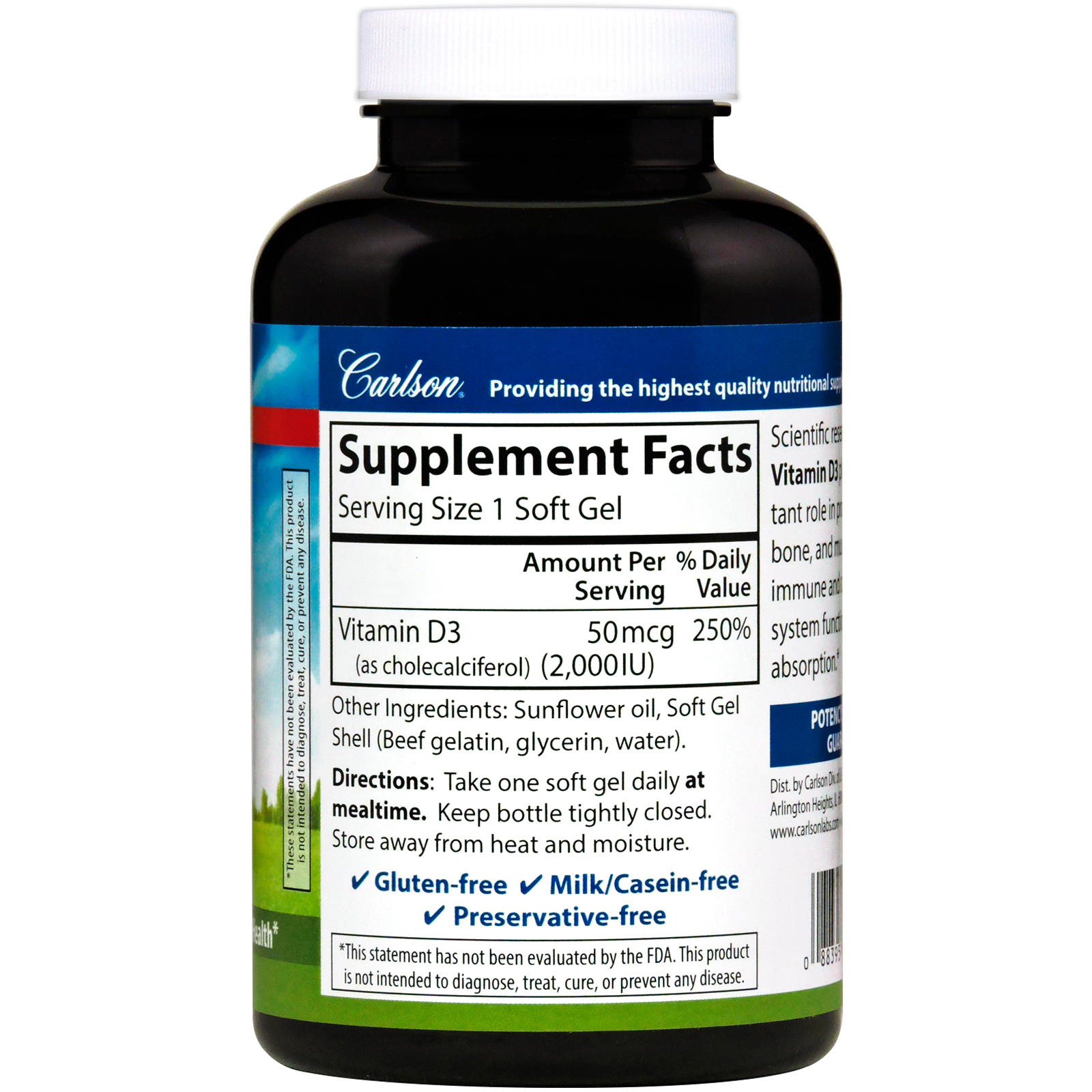 Comprar Carlson Labs, Vitamina D3, 2.000 UI (50 mcg), 360 Cápsulas Gelatinosas - Imagem 2