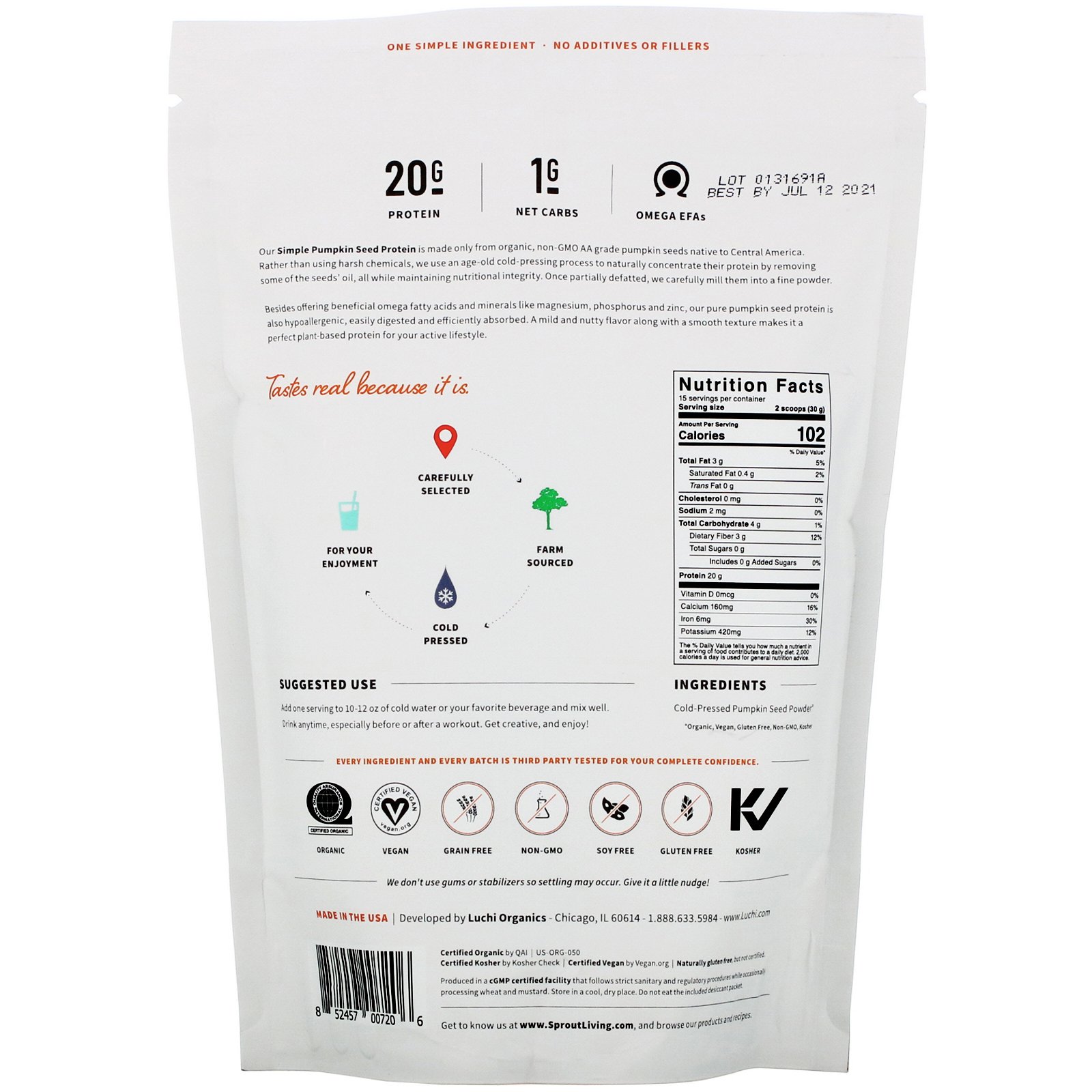 Comprar Sprout Living, Simple Protein, Proteína Vegetal Orgânica, Semente de Abóbora (Sem Sabor), 454 g (1 lb) - Imagem 2