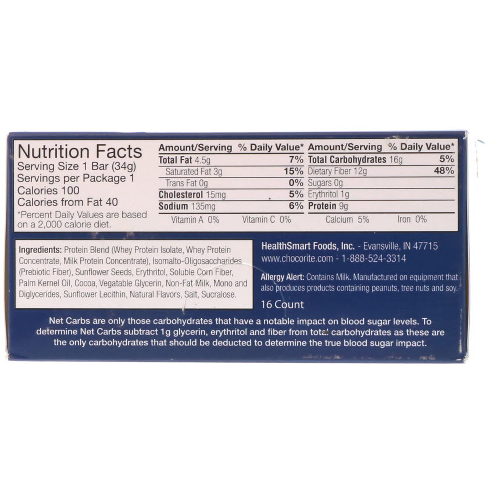Comprar HealthSmart Foods, ChocoRite Protein Bar, Caramel Cookie Dough, 16 Bars, 1.20 oz (34 g) Each - Imagem 3